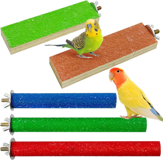 Hamiledyi 5 PCS Bird Perch Stand - Wooden Parrot Perch Stand with Colorful Sand Paw Grinding Stick Trim Beak Wood Platform for Bird Nail Trimming - Cage Accessories for Parakeets & Cockatiel
