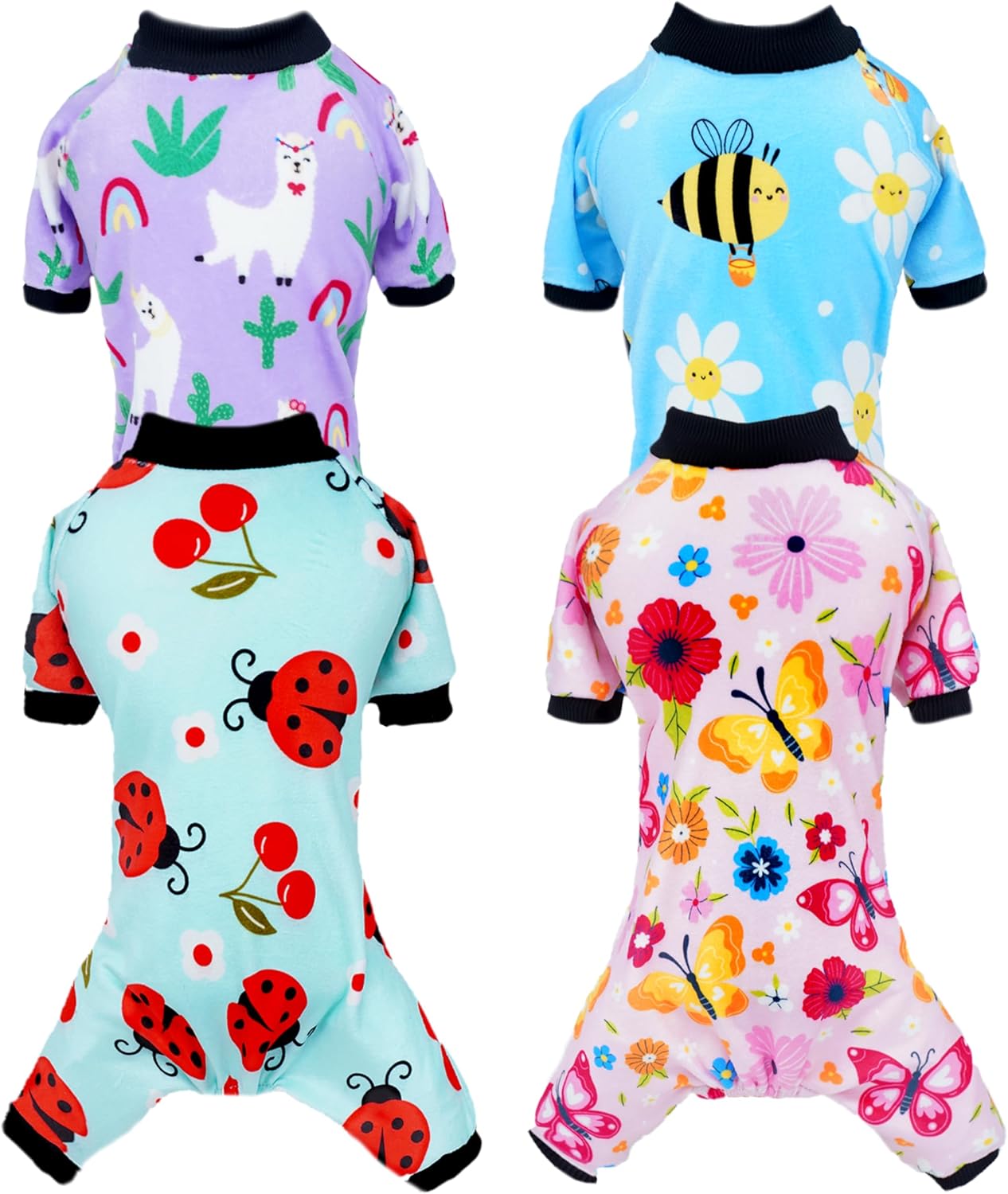 PET SHOW 4 Pack Small Dog Pajamas Spring Dog Clothes Doggies Soft Stretchy PJs Bee Ladybug Jumpsuit Puppy Cats Girl Boy Floral Onesies Outfits with Sleeve Pets Dachshund Costume(XS, Spring)