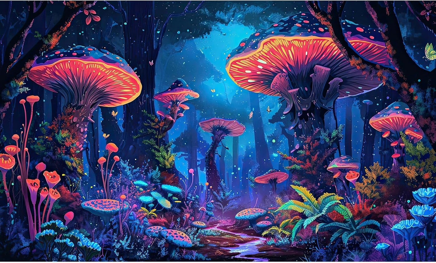 Mushrooms Aquarium Background Fantasy Bright Flowers Butterflies Fish Tank Backdrop Decoration Poster Trippy Wonderland Landscape with Giant Mystical Mushrooms Terrarium Background Decor 24x12in