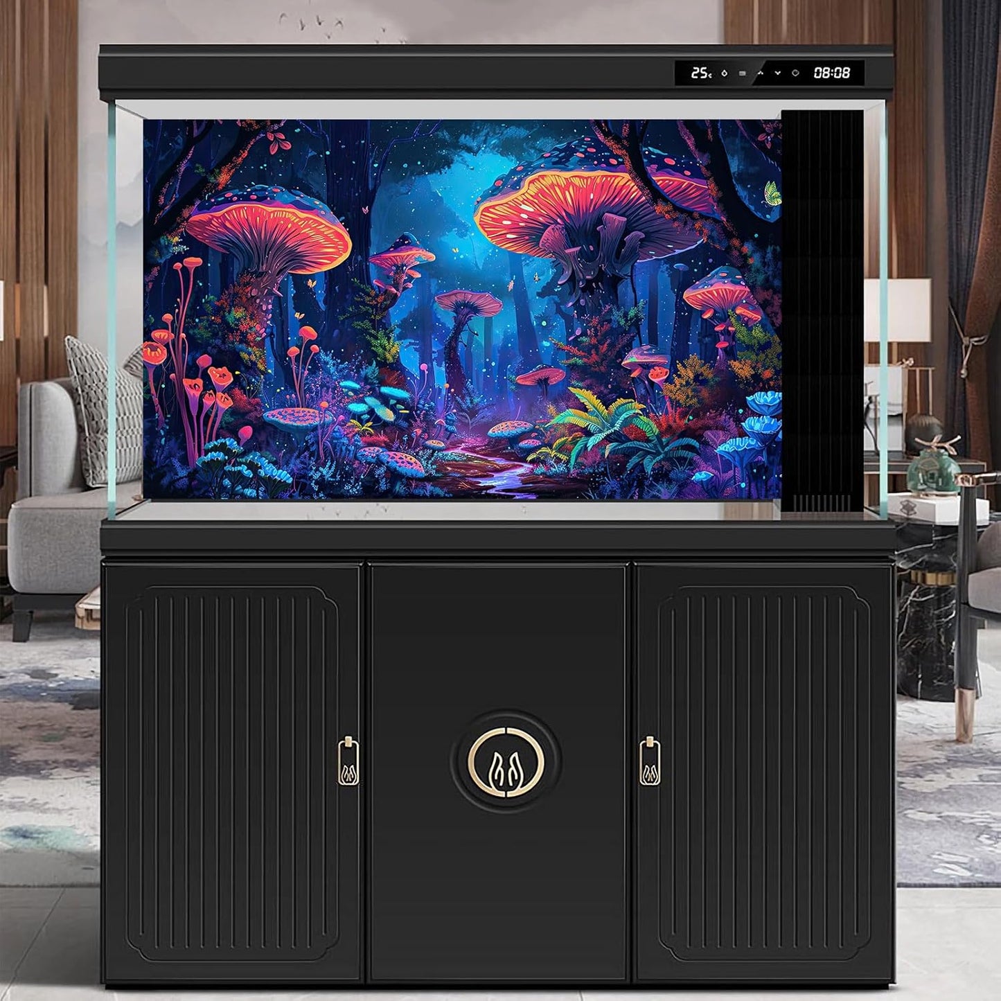 Mushrooms Aquarium Background Fantasy Bright Flowers Butterflies Fish Tank Backdrop Decoration Poster Trippy Wonderland Landscape with Giant Mystical Mushrooms Terrarium Background Decor 60x24in