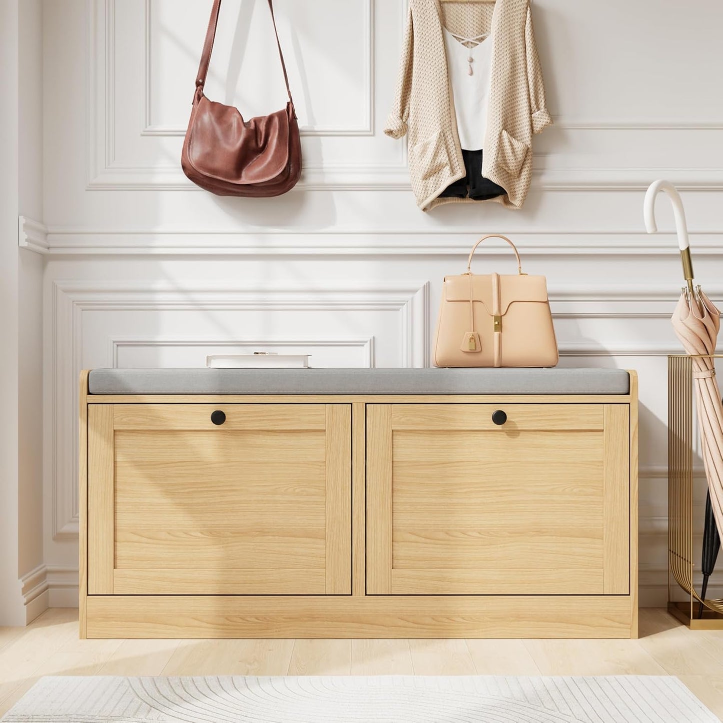 MHOM Oak Modern Entryway Bench with 2 Flip Drawers, Shoe Rack with Padded Seat Cushion, Wooden Storage Bench for Bedroom and Apartment