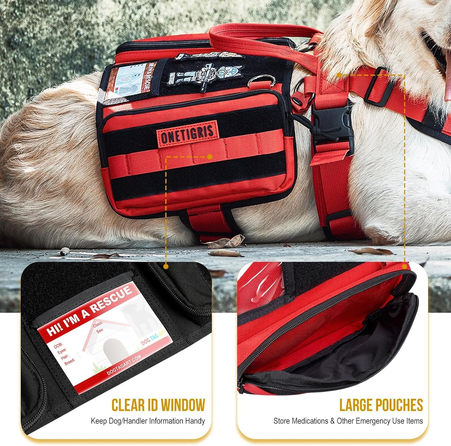 OneTigris Service Dog Vest Harness, Service Dog Cape Guardian Dog Backpack Harness with Pouches Dog Saddle Bag for Small Medium and Large Dogs (Red, Large)