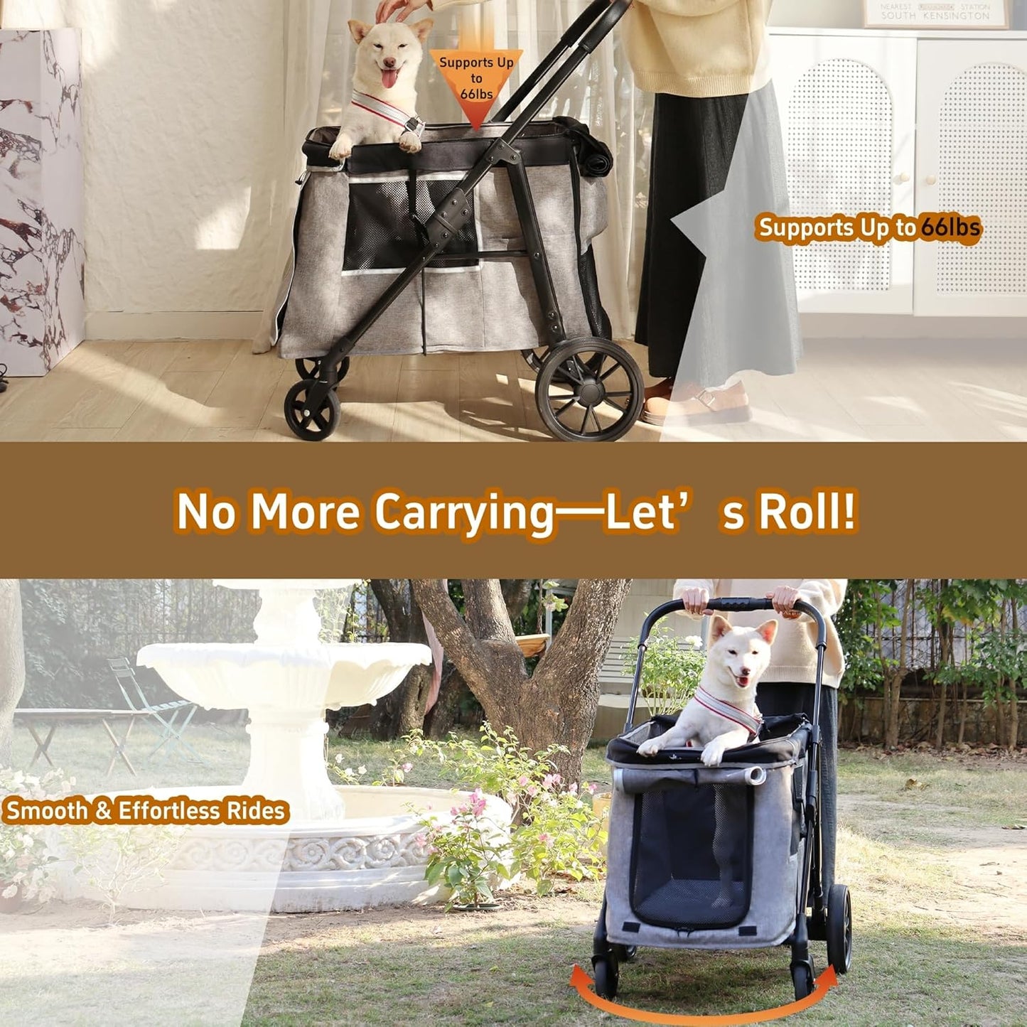 Medium Dog Stroller for Small to Large Dogs 4 Wheels Multi Pet Stroller for 4 Dogs Holds Up to 66lbs, One-Click Folding&Smooth Tires&Sunshade & Storage Basket (Gray, Medium)
