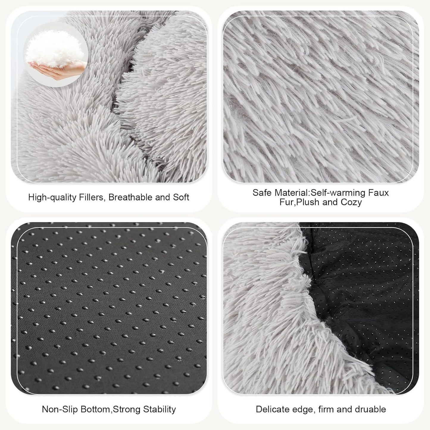 Dog Bed, Cat Calming Bed, Faux Fur Pillow Pet Donut Cuddler Round Plush Bed for Large Medium Small Dogs and Cats (Light Grey, 49.0" L x 38.0" W x 7.0" Th)