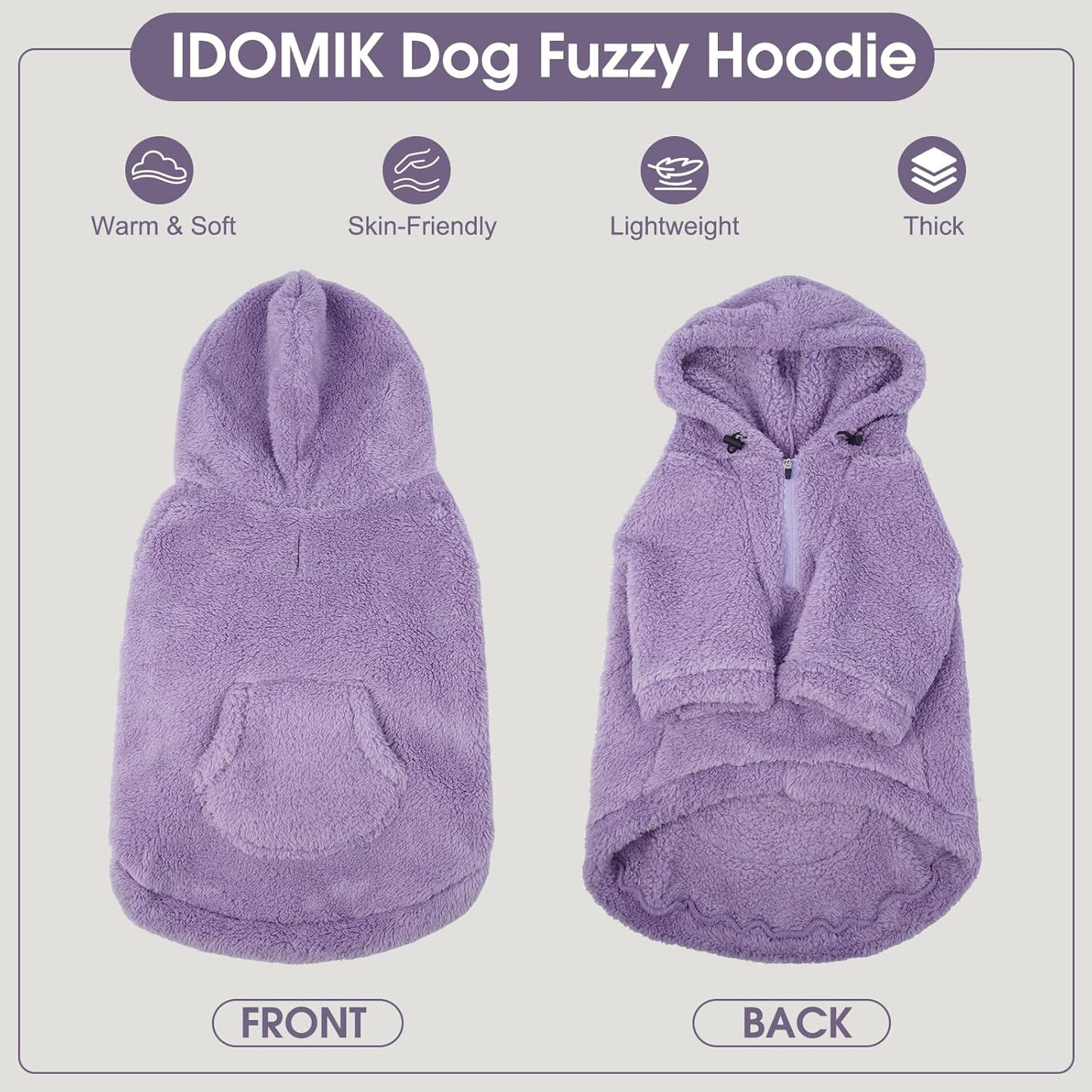 IDOMIK Fuzzy Dog Sweater with Adjustable Hood, Warm Fleece Dog Sweater Hoodie with Harness Hole & Pocket, Pullover Sweaters for Medium Dogs, Fuzzy Hooded Sweatshirt for Fall Winter Christmas,Purple,L