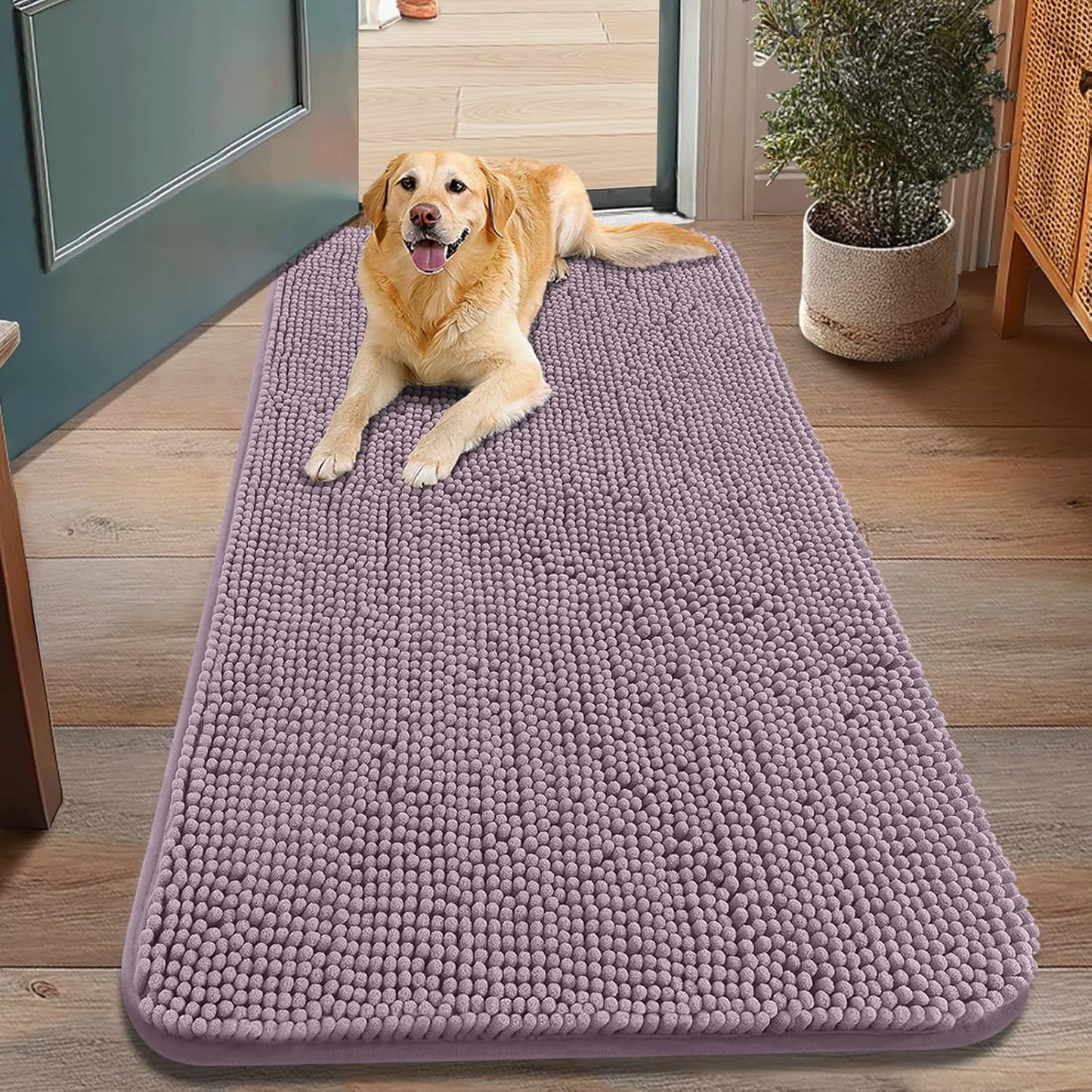 Smiry Dog Door Mat for Muddy Paws 48x30, Absorbs Moisture and Dirt Doormat, Non-Slip Washable Quick Dry Chenille Front Door Mat Indoor Entrance, Entryway Carpet for Inside Floor, Deep Plum