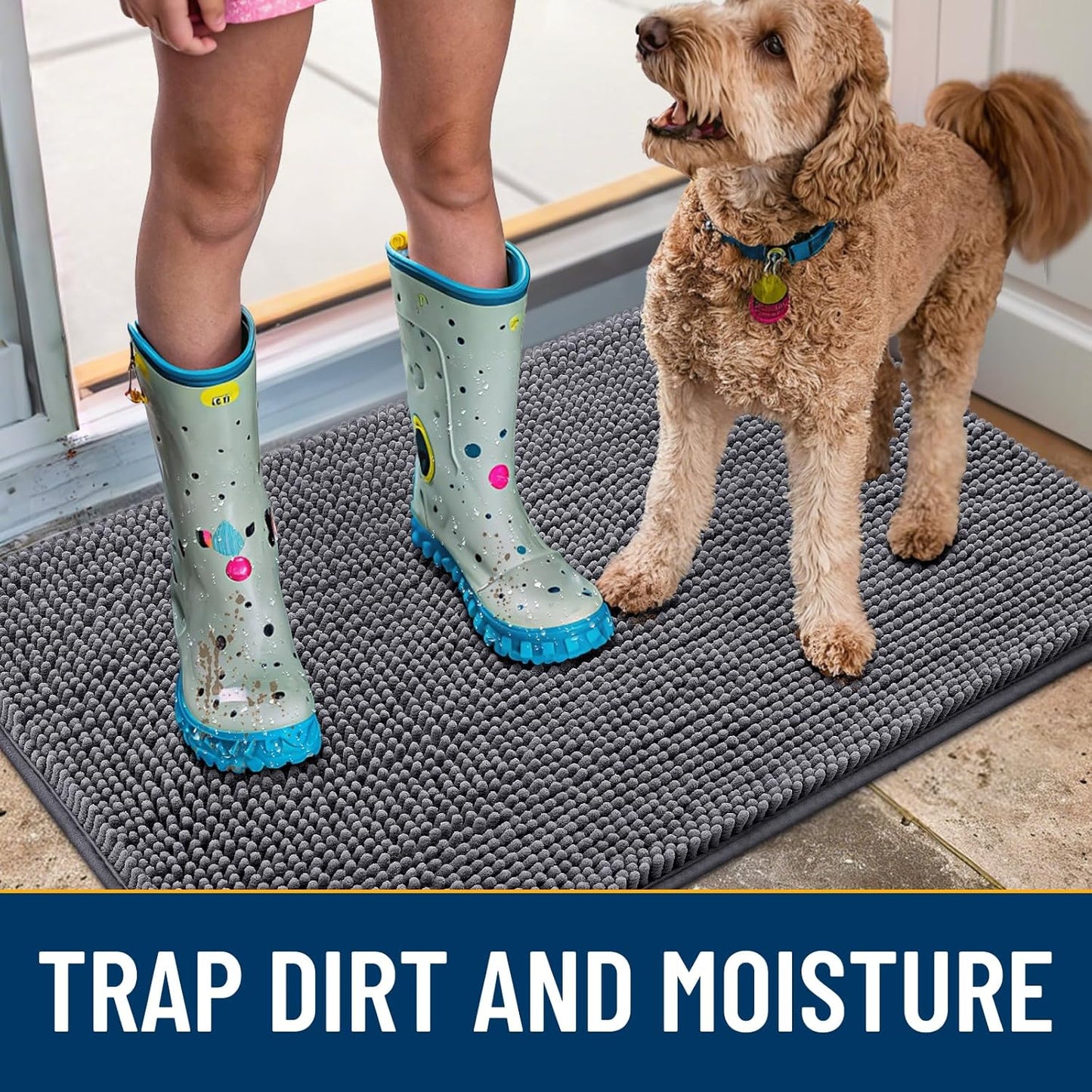 Smiry Dog Door Mat for Muddy Paws 24x16, Absorbs Moisture and Dirt Doormat, Non-Slip Washable Quick Dry Chenille Front Door Mat Indoor Entrance, Entryway Carpet for Inside Floor, Dark Grey