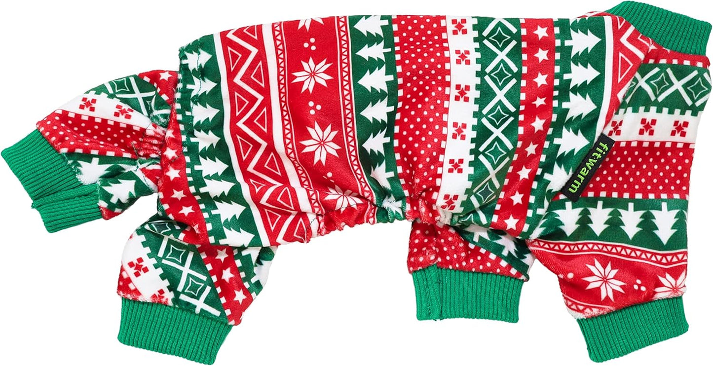 Fitwarm Dog Christmas Outfit, Holiday Pet Clothes for Small Dogs Boy Girl, Festive Pajamas with Feet, Puppy Onesie, Red, Green, XL