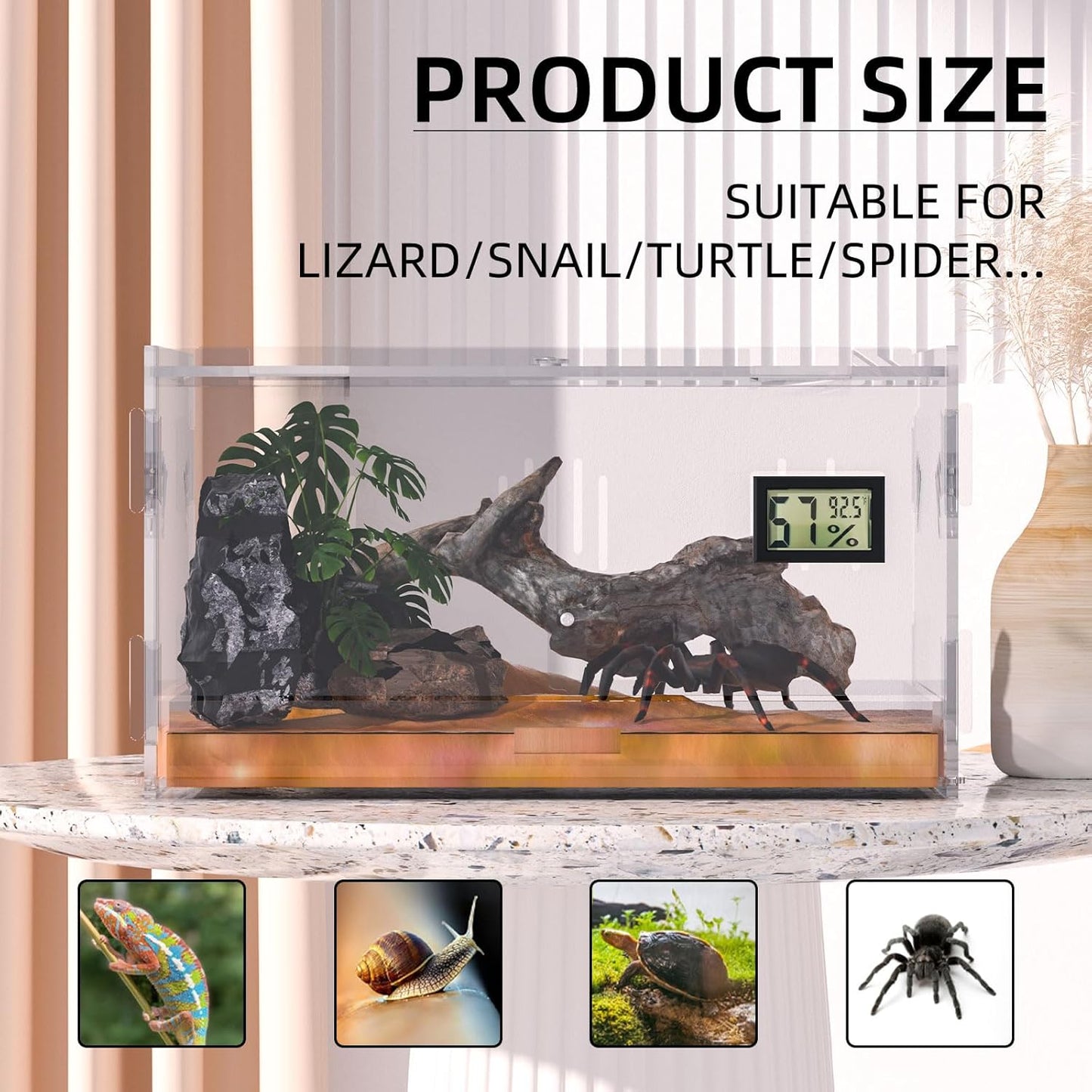 Reptile Terrariums with Temperature Hygrometer, 11.8"x7.9"x5.9" Acrylic Breeding Box Terrarium Cage Tank for Small Reptile Insect Home Office (Terrestrial)