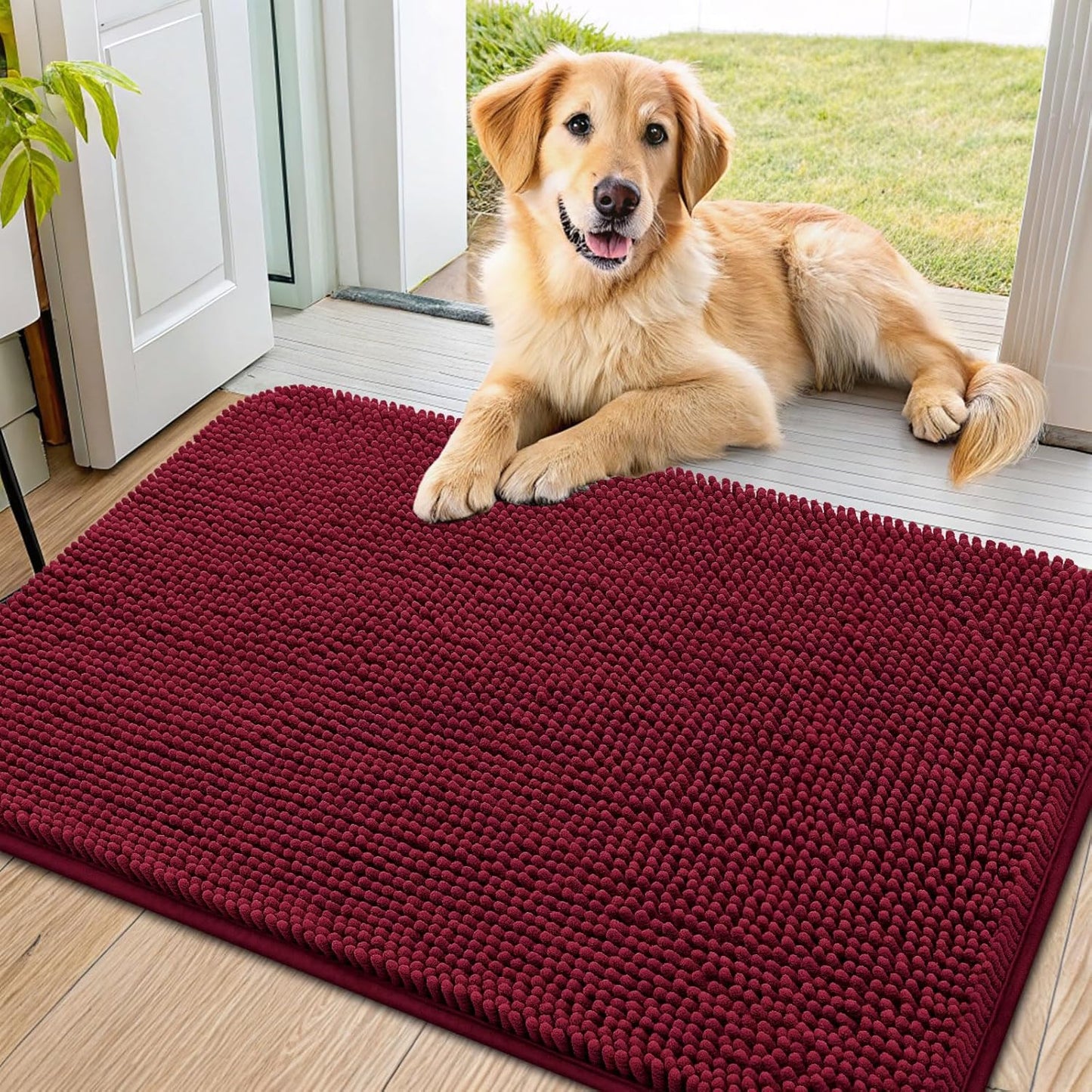 Smiry Dog Door Mat for Muddy Paws 36x24, Absorbs Moisture and Dirt Doormat, Non-Slip Washable Quick Dry Chenille Front Door Mat Indoor Entrance, Entryway Carpet for Inside Floor, Burgundy