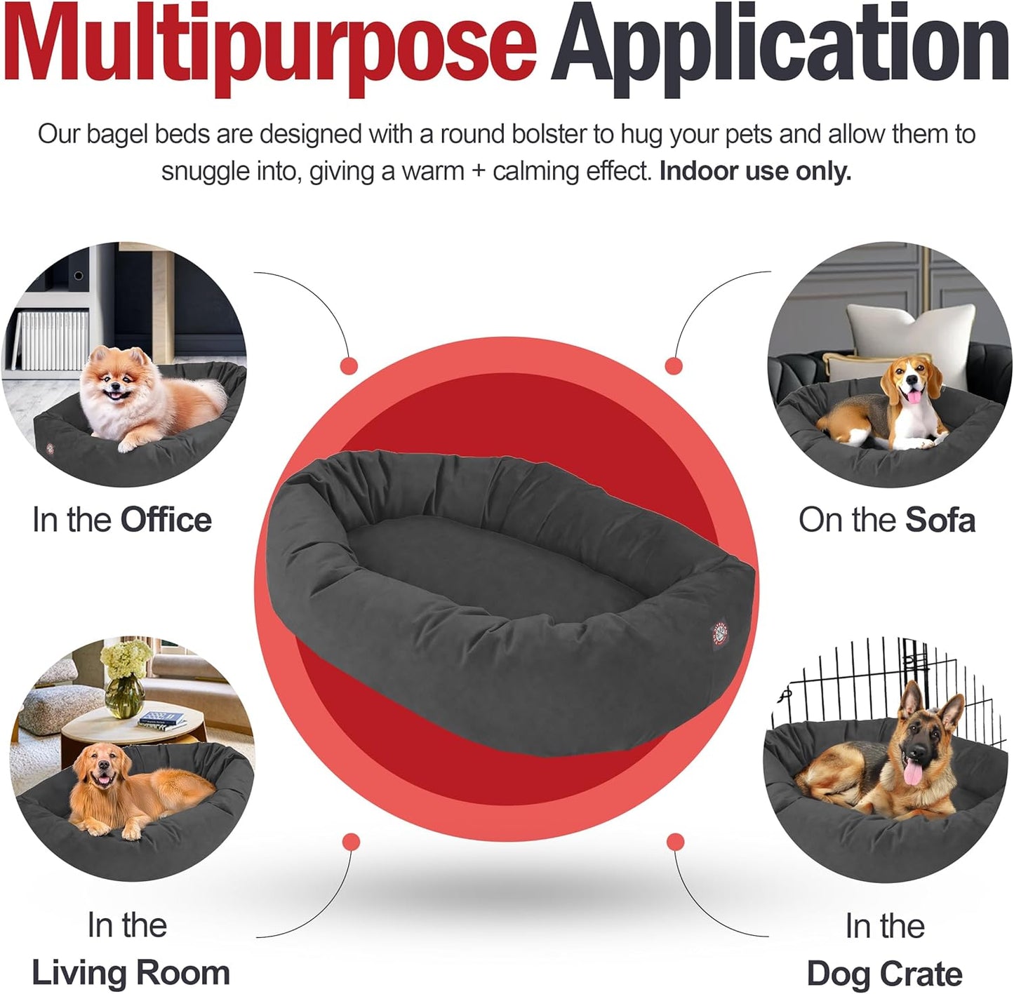 Majestic Pet 40 Inch Suede Shredded Memory Foam Mix Calming Large Dog Bed Washable 40 x 29 x 9 (Inch) - Cozy Soft Round Donut Dog Bed with Spine for Head Support - Pet Bed Gray