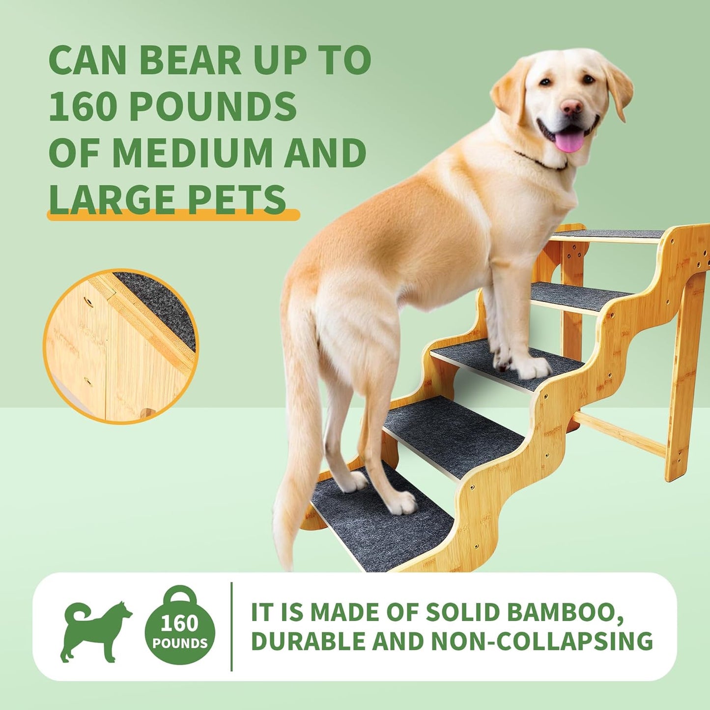 Dog Steps for Bed,24 Inches 5 Step Dog Stairs for Senior Pets to Get On 30 Inches High Beds/Car,Made of Bamboo Can Support Large Dogs Weighing Up to 160 LB