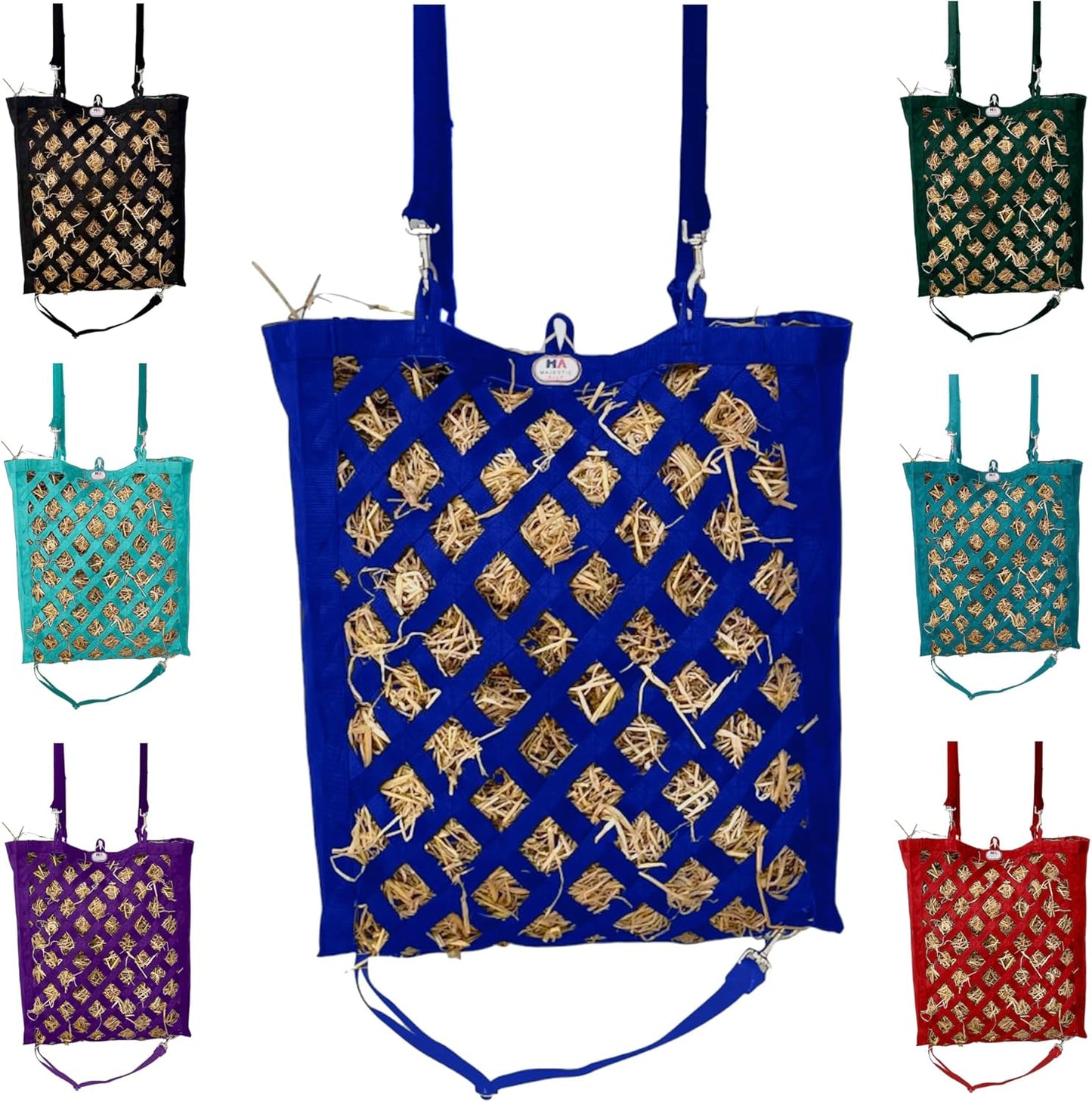 Majestic Ally Premium Nylon Hay Bag for Horses and Livestock, Simulates Grazing, Slow Feeding, Heavy-Duty PP Webbing,Quick-Adjust Straps, Small Hole for Digestion, Multiple Colors (Royal Blue)