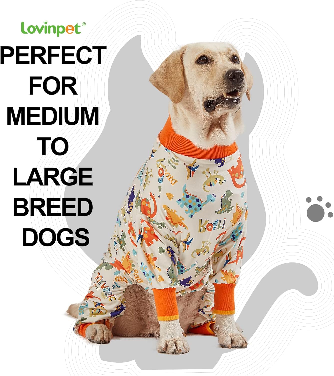 LovinPet Dog Pajamas Large Sized Dog, Recovery Wear, Lightweight Jurassic Knit, UV for Large Dogs/XL