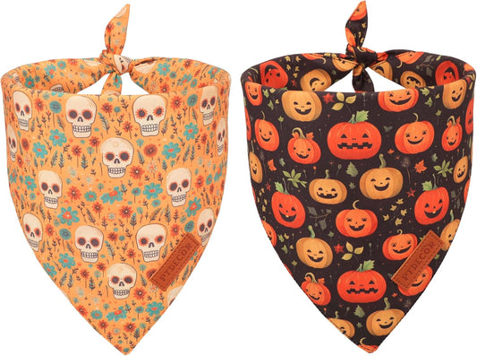 PTDECOR Halloween Dog Bandana, Skeleton Pumpkin Reversible Holiday Dog Scarf, Triangle Halloween Bandanas for Large X-Large Dogs (X-Large)