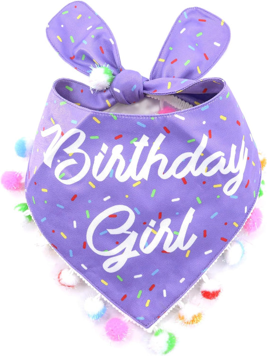 LunaMarie - Luxury Pet Birthday Bandanas -Premium & Silky Poly Fabric | 100% Handmade | Custom Shape Dual Layered (Birthday Girl Purple, Large)