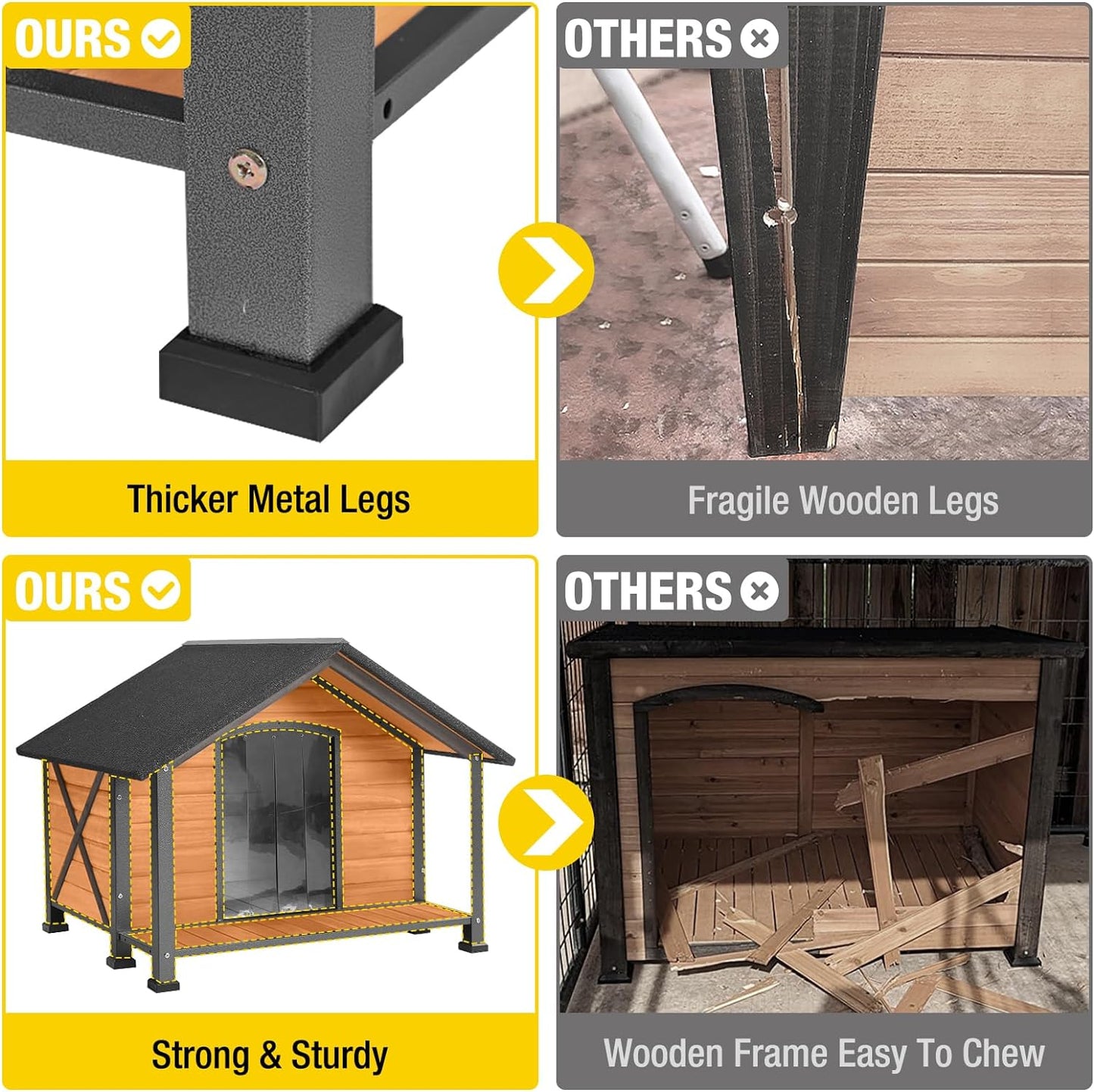 Aivituvin Dog House with Insulated Liner Outdoor All-Around Iron Frame Dog Kennel Outside with Overhang Roof Large Porch Weatherproof