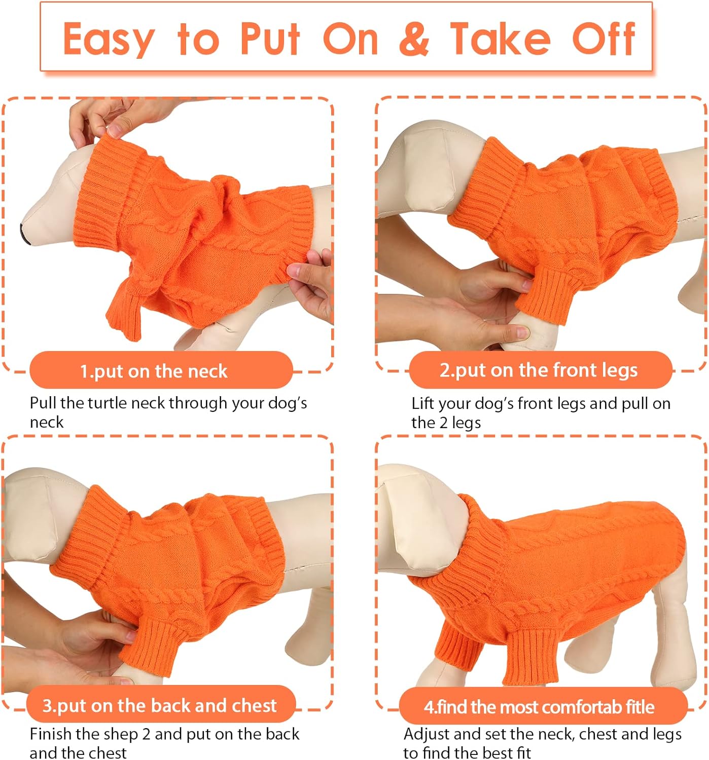 Queenmore Small Dog Pullover Sweater, Cold Weather Cable Knitwear, Classic Turtleneck Thick Warm Clothes for Chihuahua, Bulldog, Dachshund, Pug (Orange, Medium)