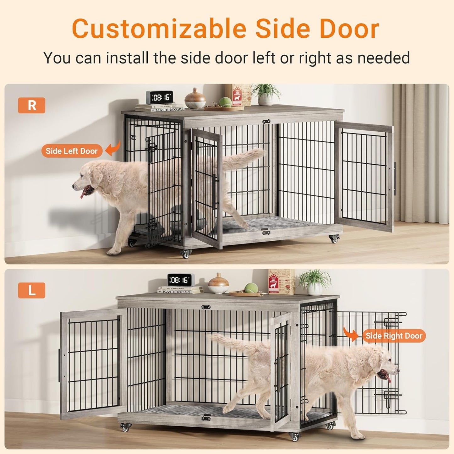 Lulive Dog Crate Furniture, XL Wooden Dog Kennel Indoor Double Doors Dog Cage, 44'' Heavy Duty Dog Crate with Cushion & Wheels, Decorative End Table Chew-Resistant for Extra Large/Medium, Grey