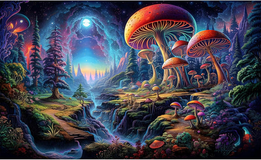 Forest Aquarium Background Fantastic Cartoon Forest Landscape with Mushrooms and Flowers Terrarium Background Fantasy Pine Tree Mysterious Mushroom Theme Fish Tank Backdrop Poster Decor 60x24in