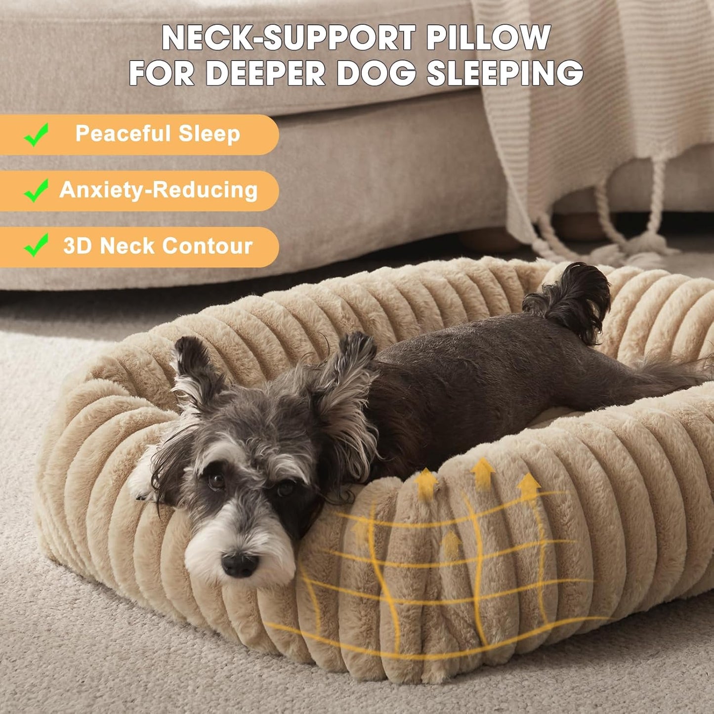 Dog Beds for Small Dogs, Washable Orthopedic Dog Bed with Removable Cover, Rectangle Soft Calming Sleeping Puppy Bed Durable Pet Cuddler with Anti-Slip Bottom, 20"x19"x6" Beige