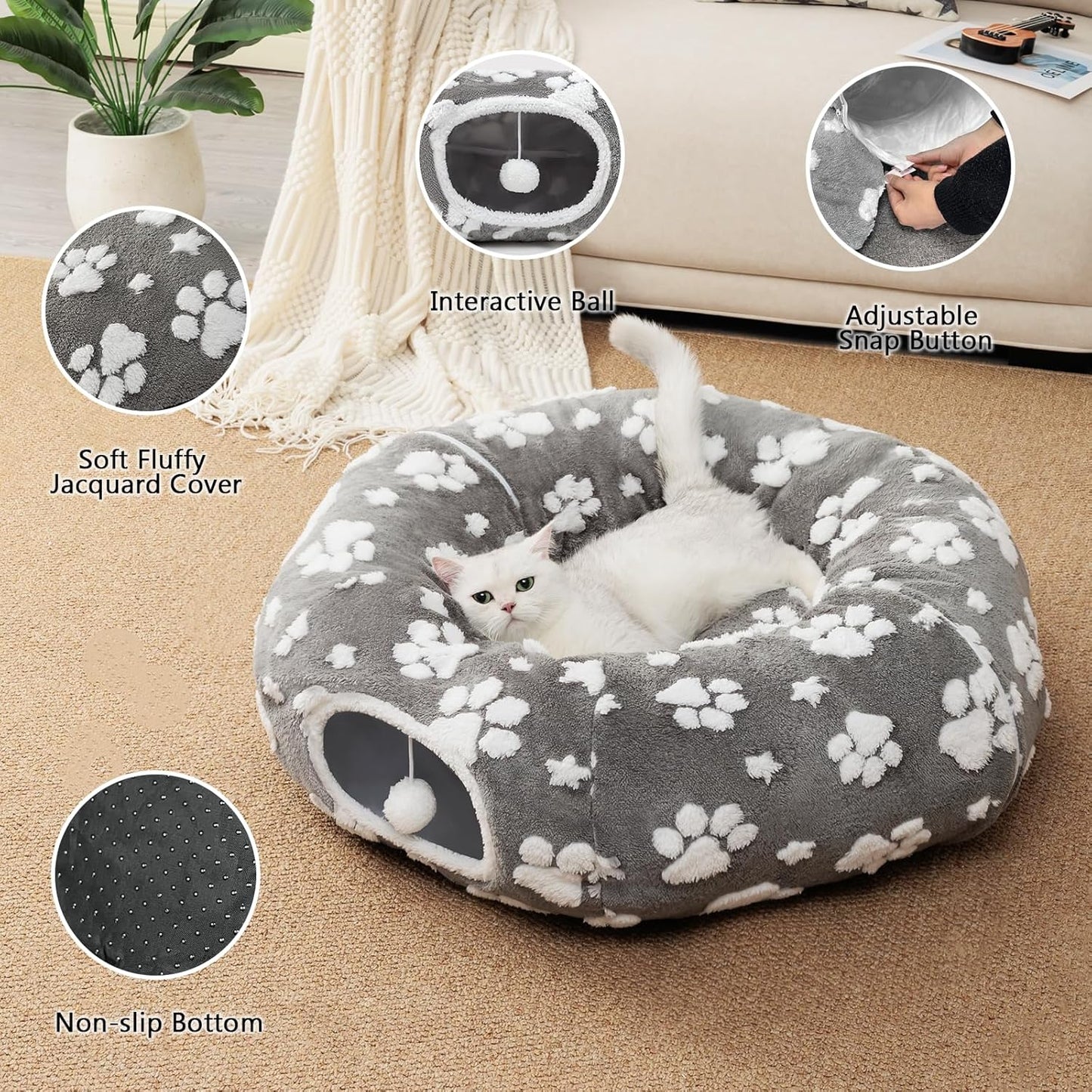 Cat Tunnel for Indoor Cats, Cute Peekaboo Cave with Dangling Balls, Pet Donut Tunnel Bed with Circle Mat for Puppy Kitten Rabbit, Grey