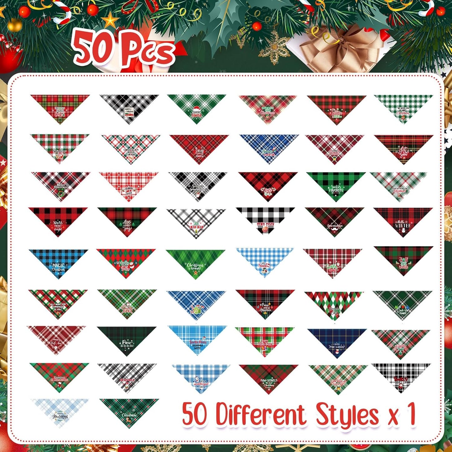 Abbylike 50 Pcs Dog Bandanas Bulk Pet Scarfs Triangle Bibs Adjustable Washable Puppy Kerchief Seasonal Pet Costume Accessories Grooming Supplies for Small Medium Large Dogs Cats(Christmas Plaid Dog)