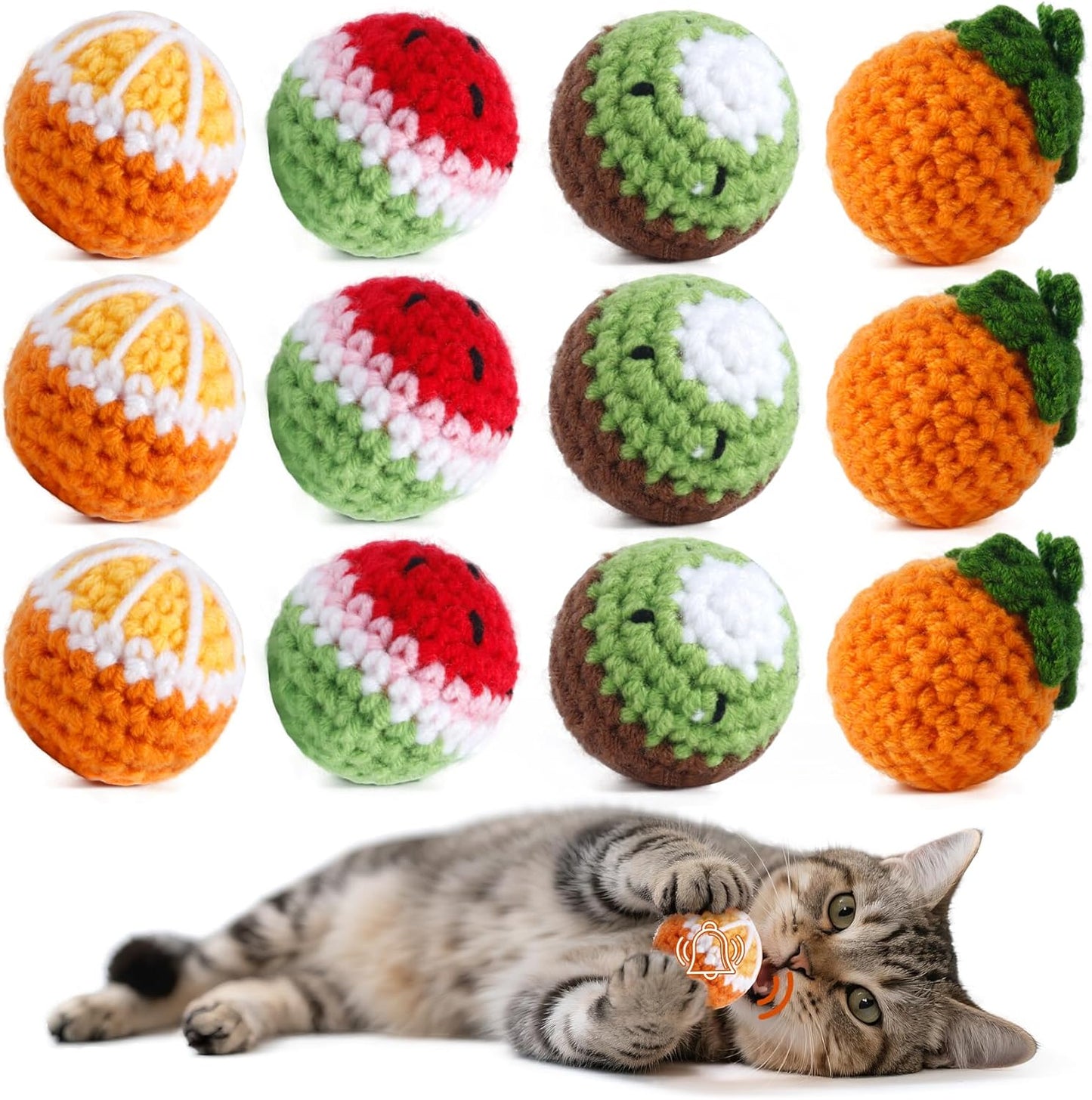 12 Pack Cat Toy Balls, Hand-Knitted Woolen Yarn Cat Balls Toy with Bell Inside, Interactive Kitty Toys for Indoor Kitten Teething, Chasing & Self Play(Fruit-Shaped)