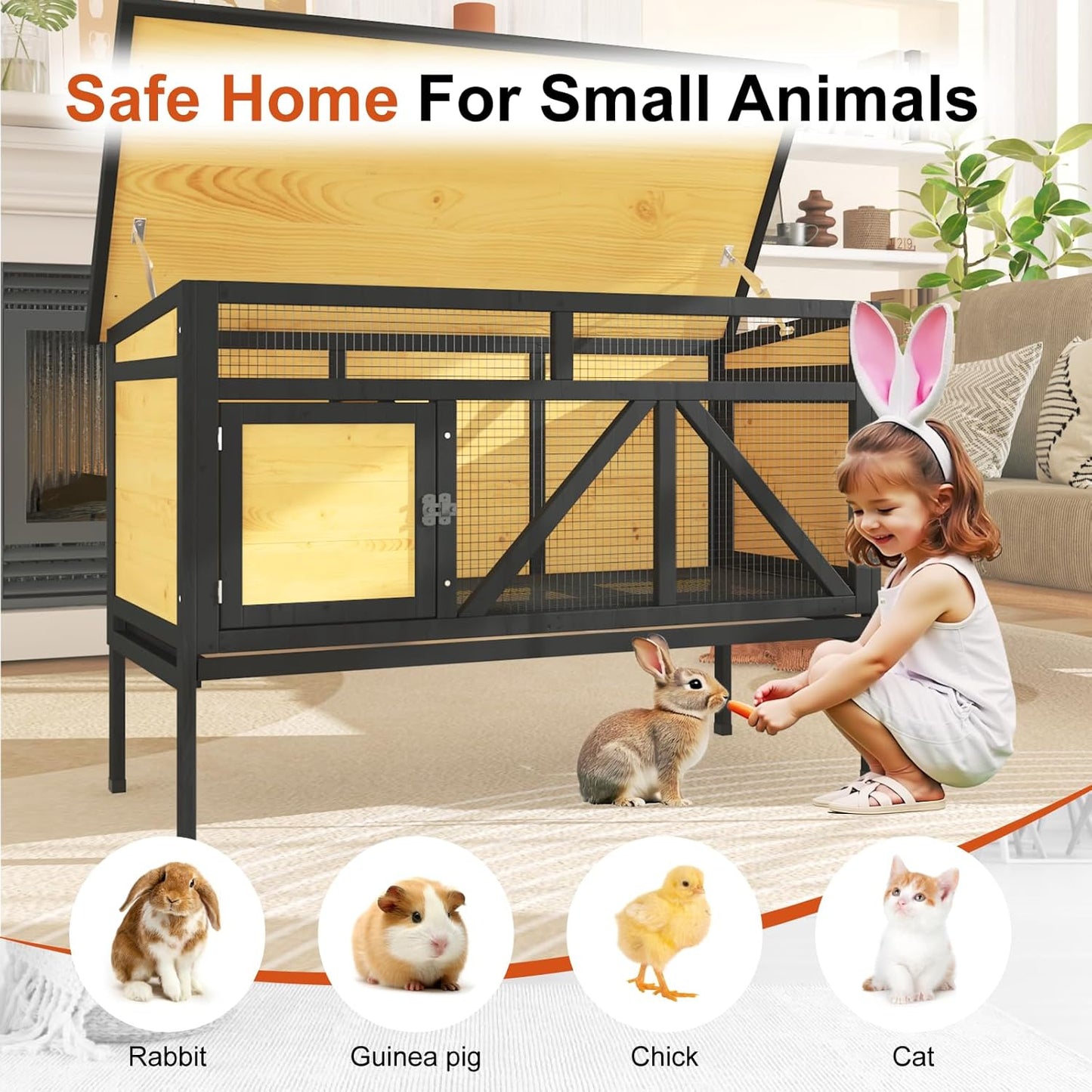 46.7" Rabbit Cage Elevated Bunny Cage Indoor, Outdoor Rabbit Hutch Hamster Cages for Small Animals, Wooden Guinea Pig Cages with Removable Tray & Waterproof Asphalt Roof & Bottom Wire Mesh