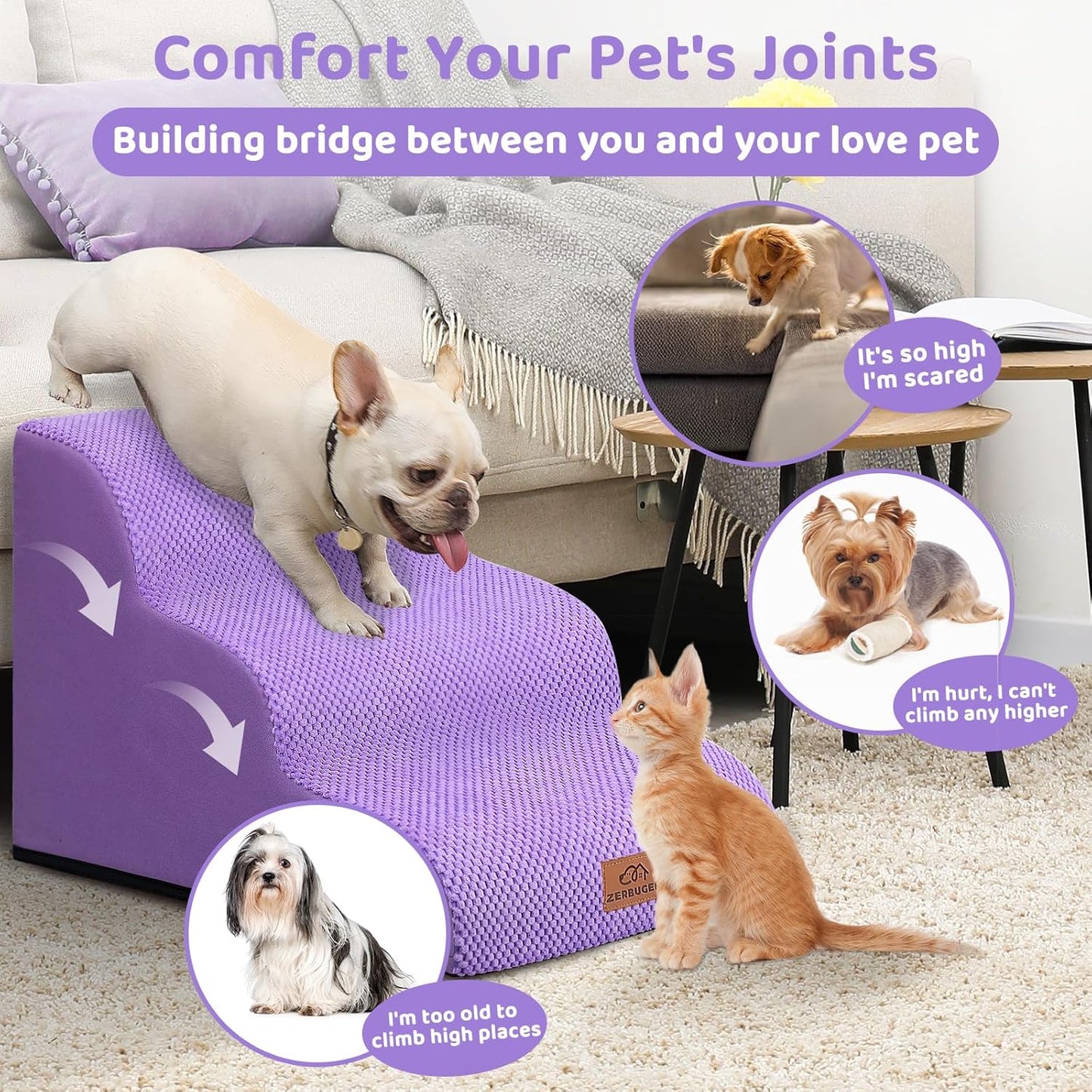 Dog Ramp and Stair for Bed 16" H-20 H,3-Step Cat Stair for Sofa and Chair,4-Step Dog Ramp for High Bed and Window,Durable Nonslip Fabric Stair for Indoor (Purple-16 H, Pet Friendly, 3)