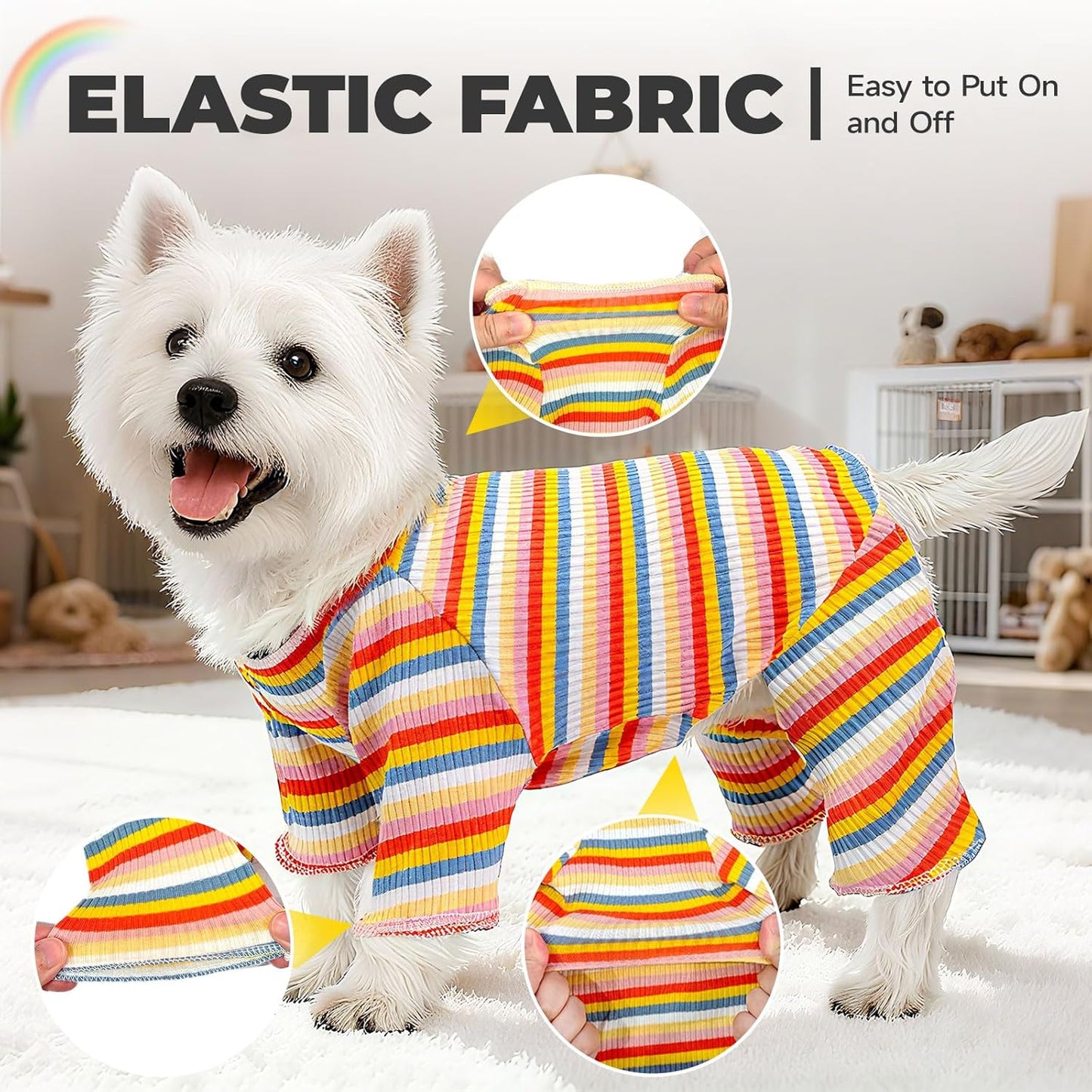 BAEJMJK Striped Dog Pajamas Stretchy Cute Four-Legged Boy Girl Dog Clothes with Sleeves Comfortable Dogs Jumpsuit Colorful Pet Puppy Outfits Apparel for Small Medium Dogs Cats(Yellow,Medium)
