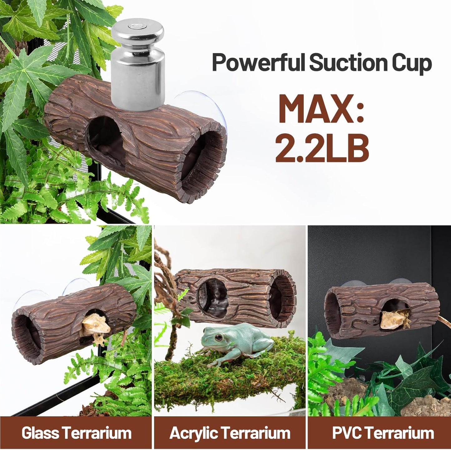 Reptile Hide, Resin Hollow Log Hideout with 2pcs Powerful Suction Cup, Reptile Tank Accessories Climbing Toys Terrarium Hideaway Caves Decor for Gecko, Lizard, Snakes, Hermit Crabs, Forgs