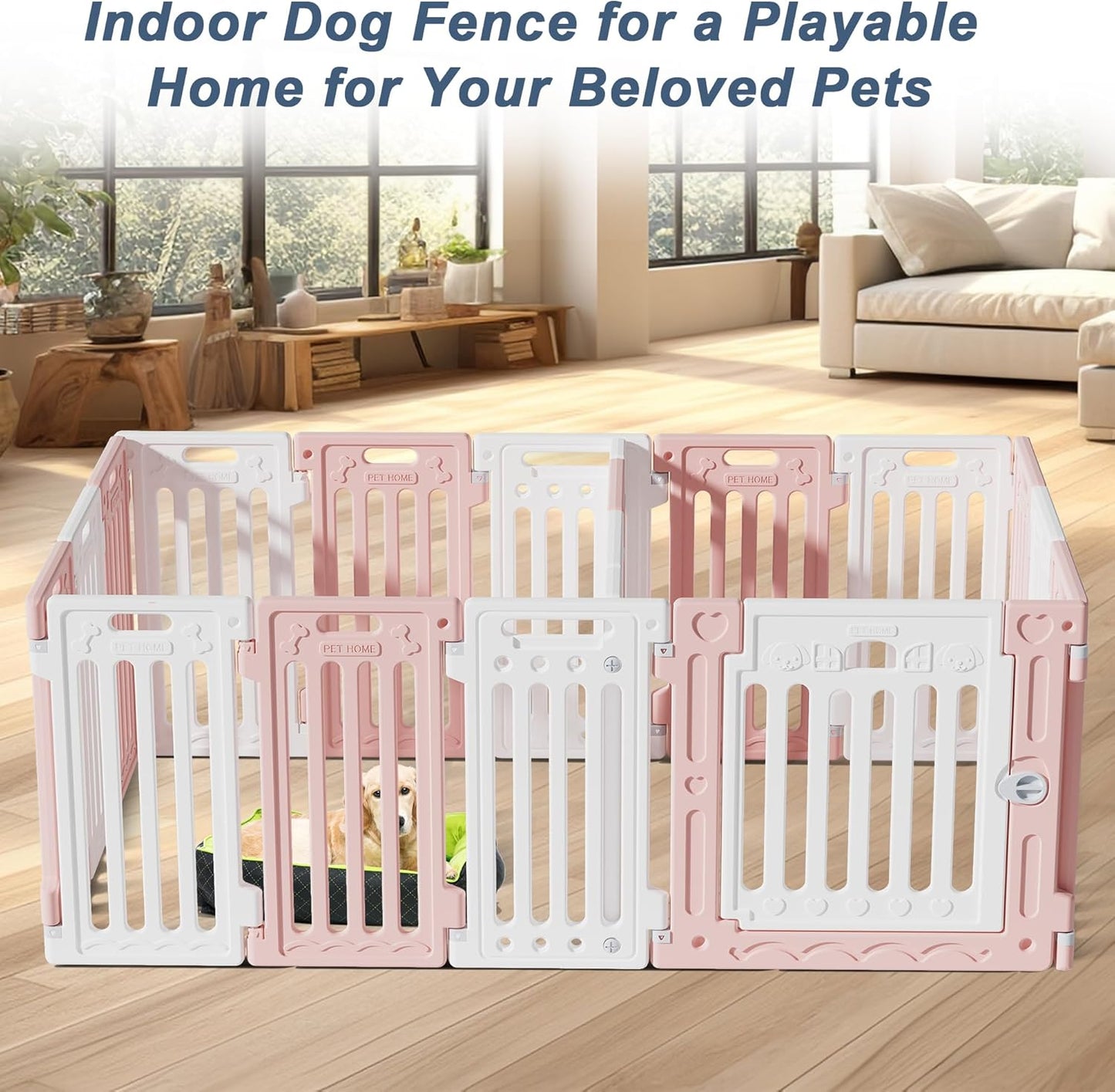 2 Room Dog Playpen with Door,DIY Shape Combination Puppy Pen,16-Panel+2 Link Piece+Large Door+Small Door,25.5" H Dog Fence,Non-Slip&Secure Pet Gate,Easy to Assemble,Pink + White