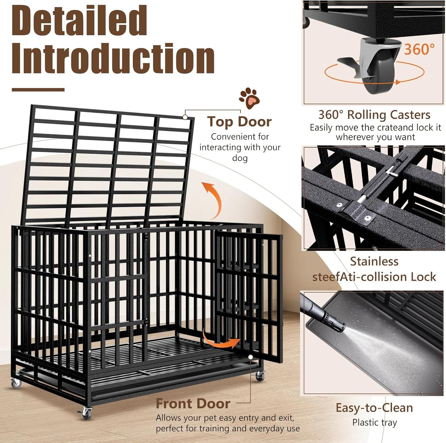48 Inch Heavy Duty Dog Crate Kennel with Wheels, High Anxiety Indestructible Dog Crates for Large Dogs, XL XXL Extra Large Dog Crate with Removable Plastic Tray, Two Locks (Black, Square)
