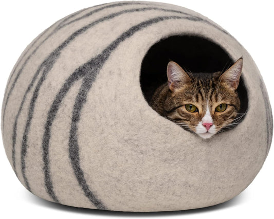 MEOWFIA Cat Cave – Premium Felt Cat Bed for Indoor Cats, Handmade 100% Merino Wool (Light Grey, Large)