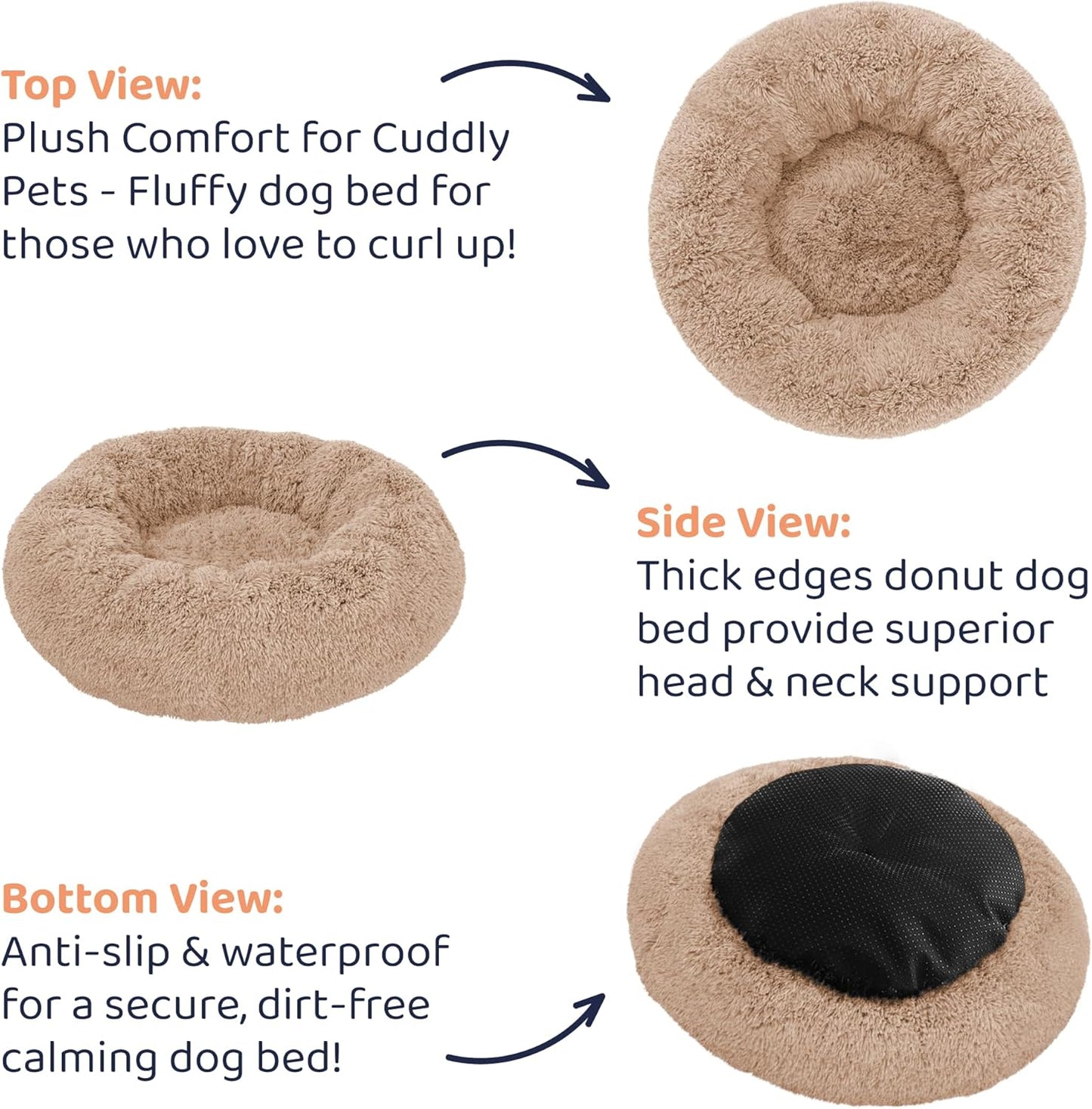 Donut Dog Bed - Premium Comfort for Anxiety Relief - Fluffy & Calming Design with Ultra-Plush Support | Cozy Round Dog Bed with Super Soft Circle Style (Size S Camel)