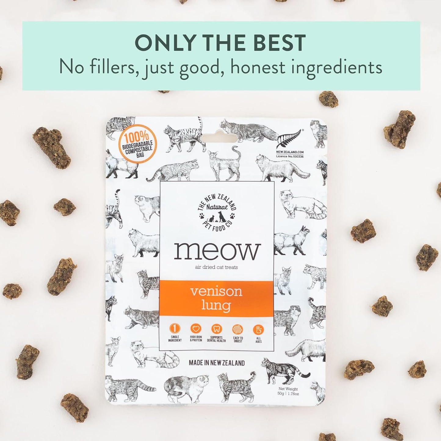 Meow Air Dried Cat Treats - Venison Lung, High Protein, Healthy Cat Snacks and Toppers, All Natural for All Life Stages, 1.76 oz