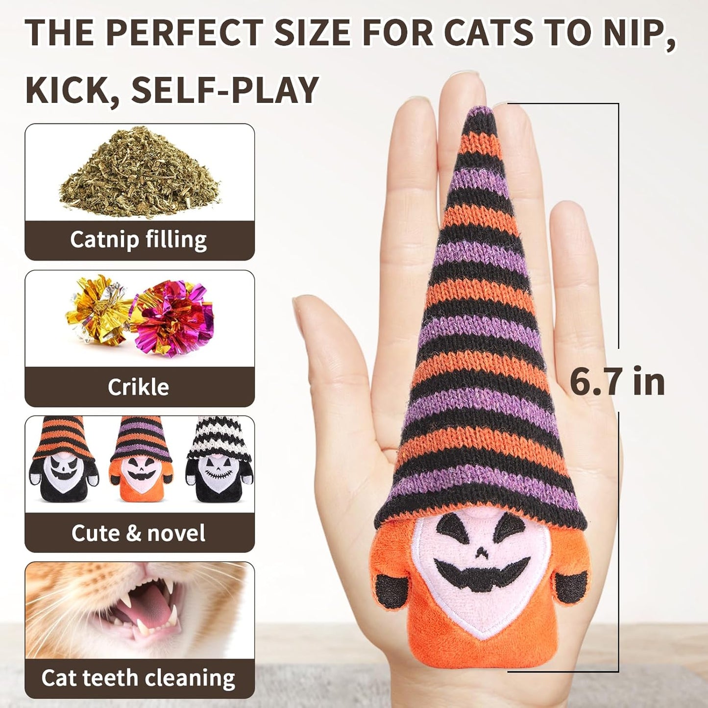 Retro Shaw Halloween Cat Toys Gnomes, 3Pcs Crinkle Sound Catnip Toys for Indoor Cats Kitten, Interactive Cat Nip Chew Kicker Kitty Toy for All Pet Breeds