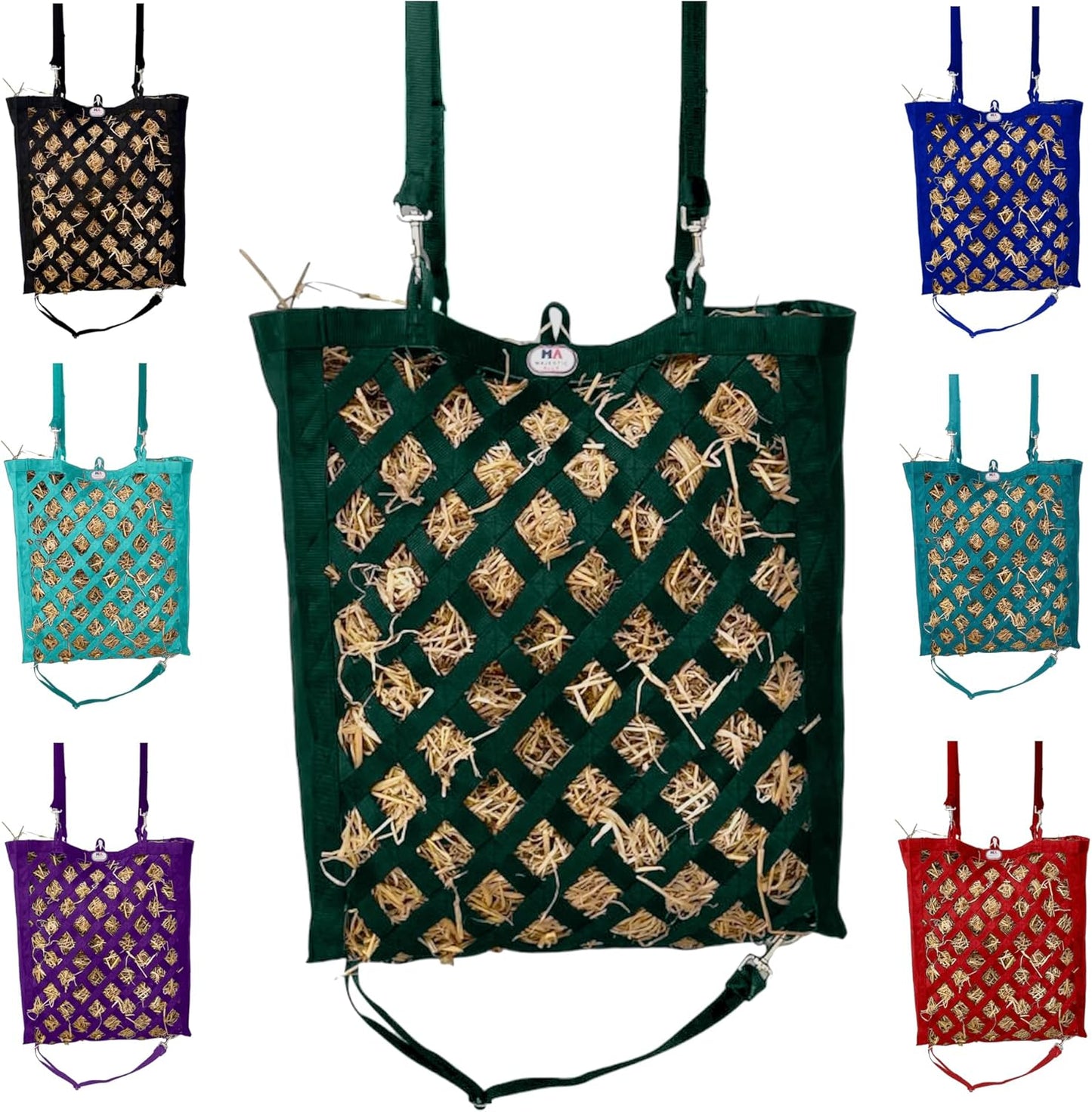Majestic Ally Premium Nylon Hay Bag for Horses and Livestock, Simulates Grazing, Slow Feeding, Heavy-Duty PP Webbing,Quick-Adjust Straps, Small Hole for Digestion, Multiple Colors (Hunter Green)