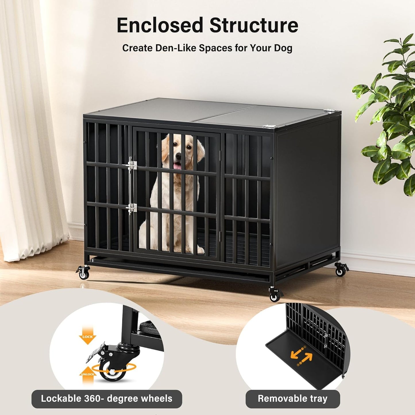 42 inch Heavy Duty Dog Crate with Self-Locking Latch, Indestructible Steel Large Kennel with Enclosed Design, Chew-Proof and Escape-Proof Pet Cage for High Anxiety Dogs