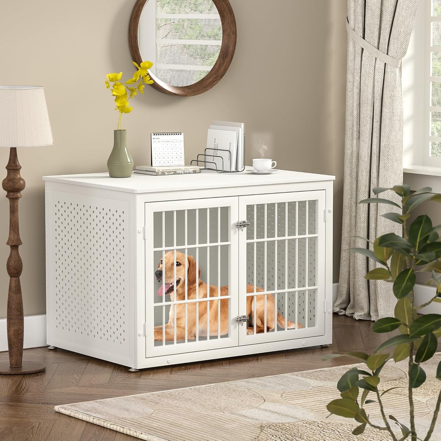 42" Heavy Duty Dog Crate Furniture for Large and Medium Dogs, Enclosed Design Wooden Metal Kennel, Wooden Cage Furniture Indoor, Decorative Dog Kennel End Table