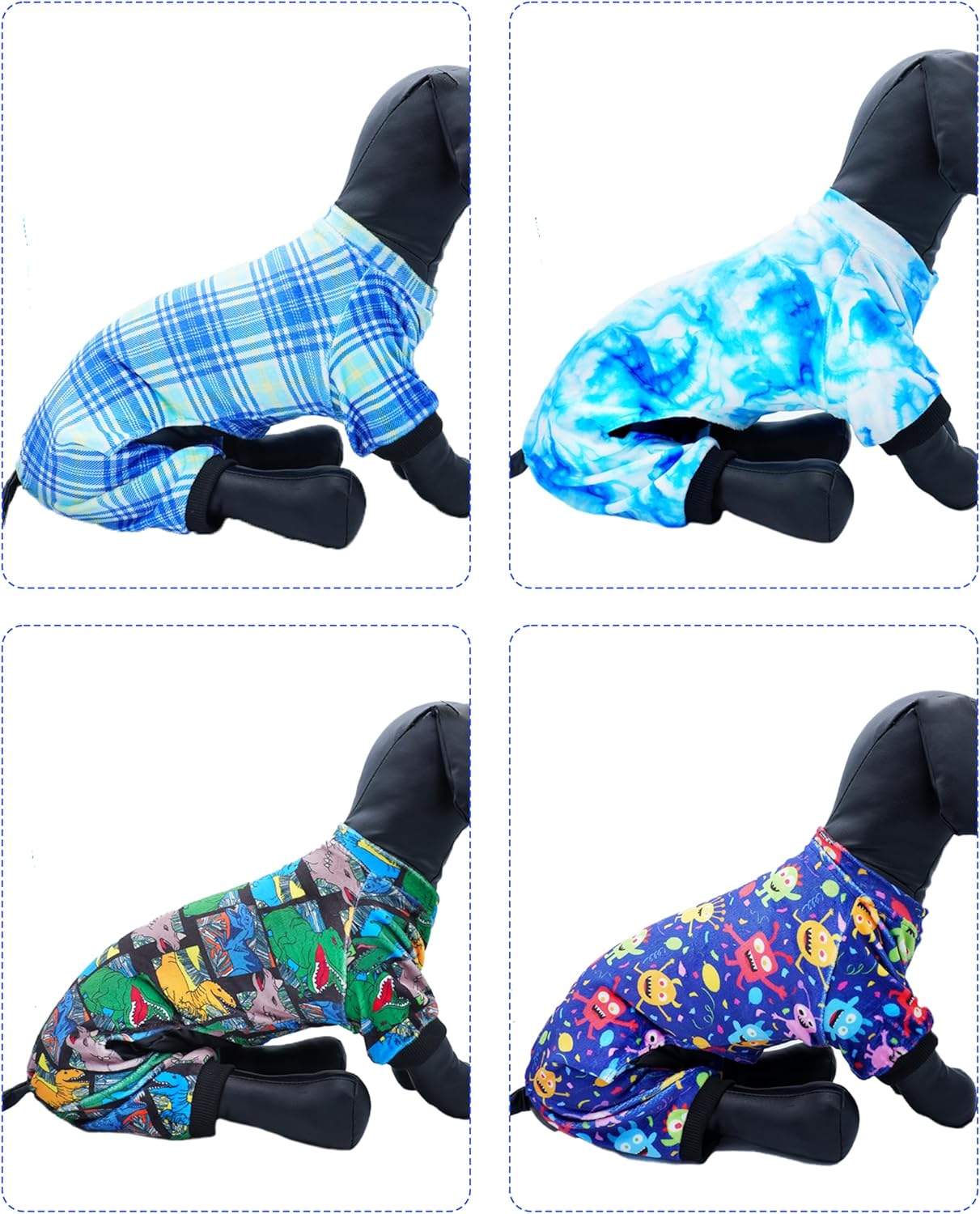 PET SHOW 4 Pack Small Dog Pajamas Cute Dinosaur Monster Clothes for Medium Dogs Soft Stretchy PJs Plaid Jumpsuit Puppy Cats Tie Dye Onesies Outfits with Sleeve Pets Dachshund Costume(S, Blue for Boys)