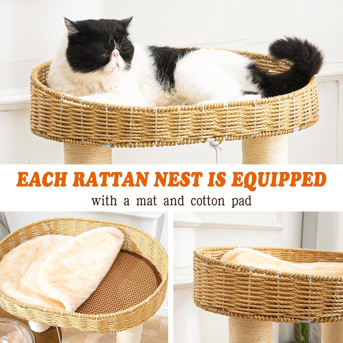 Modern Cat Tree for Indoor Cats, Wood Cat Tree with Natural Sisal-Covered Scratching Posts, Unique Cat Furniture Activity Center with Cat Scratching Ball Toy