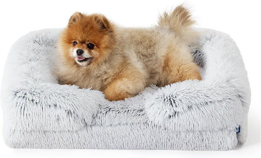 Bedsure Orthopedic Dog Beds for Small Dogs - Washable Small Dog Cat Bed Waterproof, Comfort Pet Couch Sofa with Washable Removable Cover, Pets Bed with Nonskid Bottom, Long Faux Fur-Misty Grey, 24"