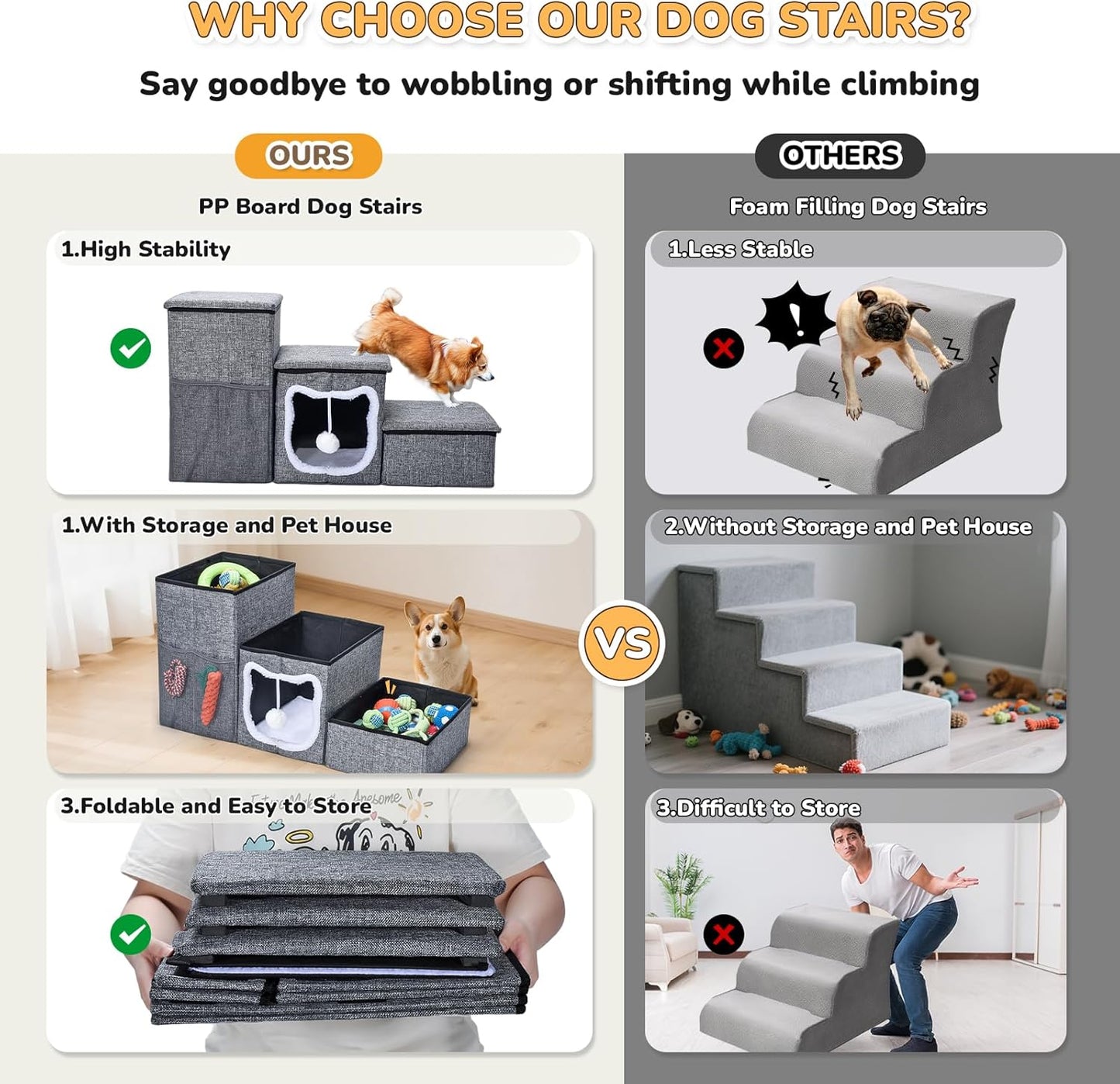 Bilibrara Dog Stairs for Small Dogs, Foldable Pet Steps for High Bed, Non-Slip 3-Step Cat Stairs with Storage, Condo and Fluffy Ball, Small Dog Indoor Ramp for Couch Window, 16'' H