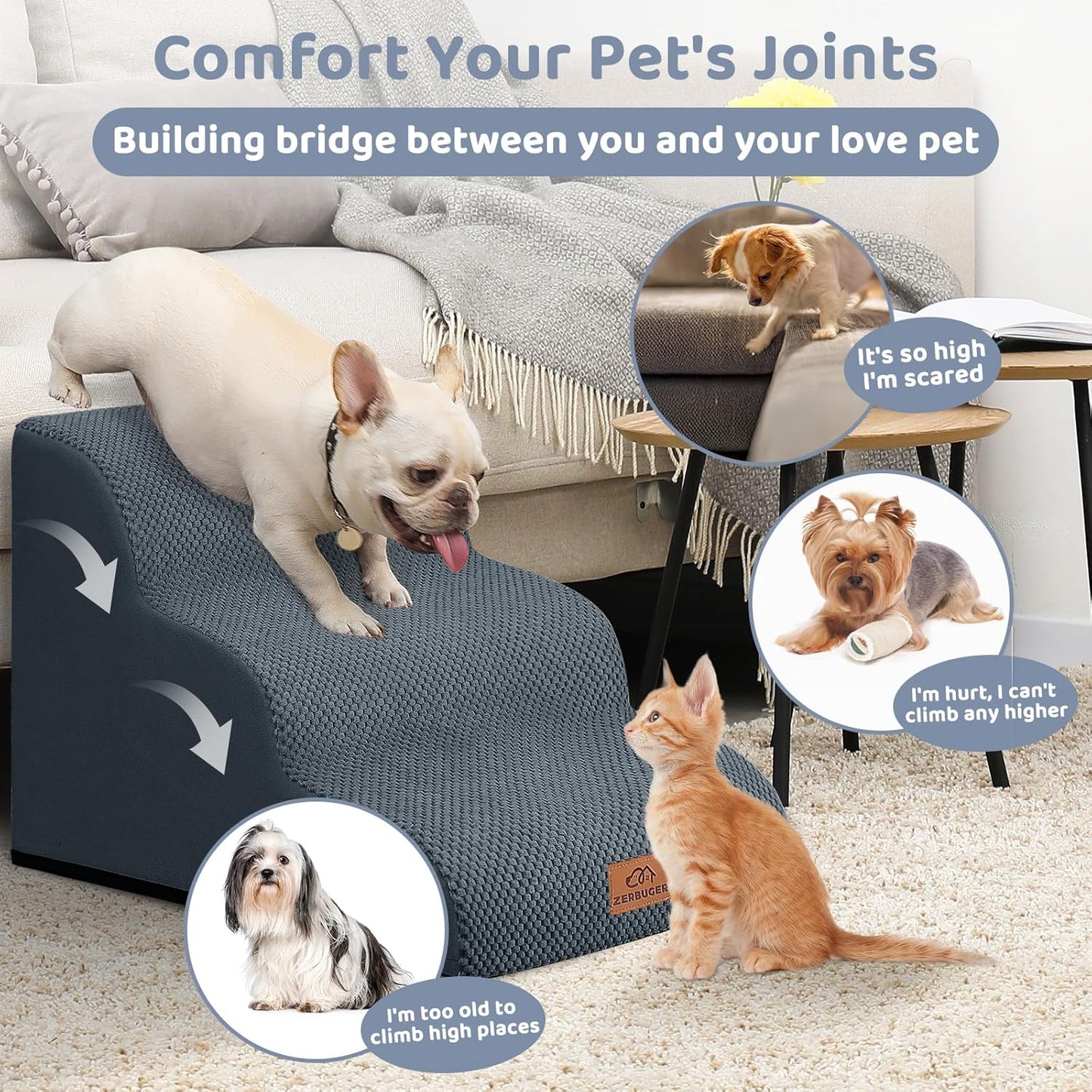 Dog Ramp and Stair for Bed 16" H-20 H,3-Step Cat Stair for Sofa and Chair,4-Step Dog Ramp for High Bed and Window,Durable Nonslip Fabric Cover for Indoor (Dark Grey-16 H, Pet Friendly, 3)