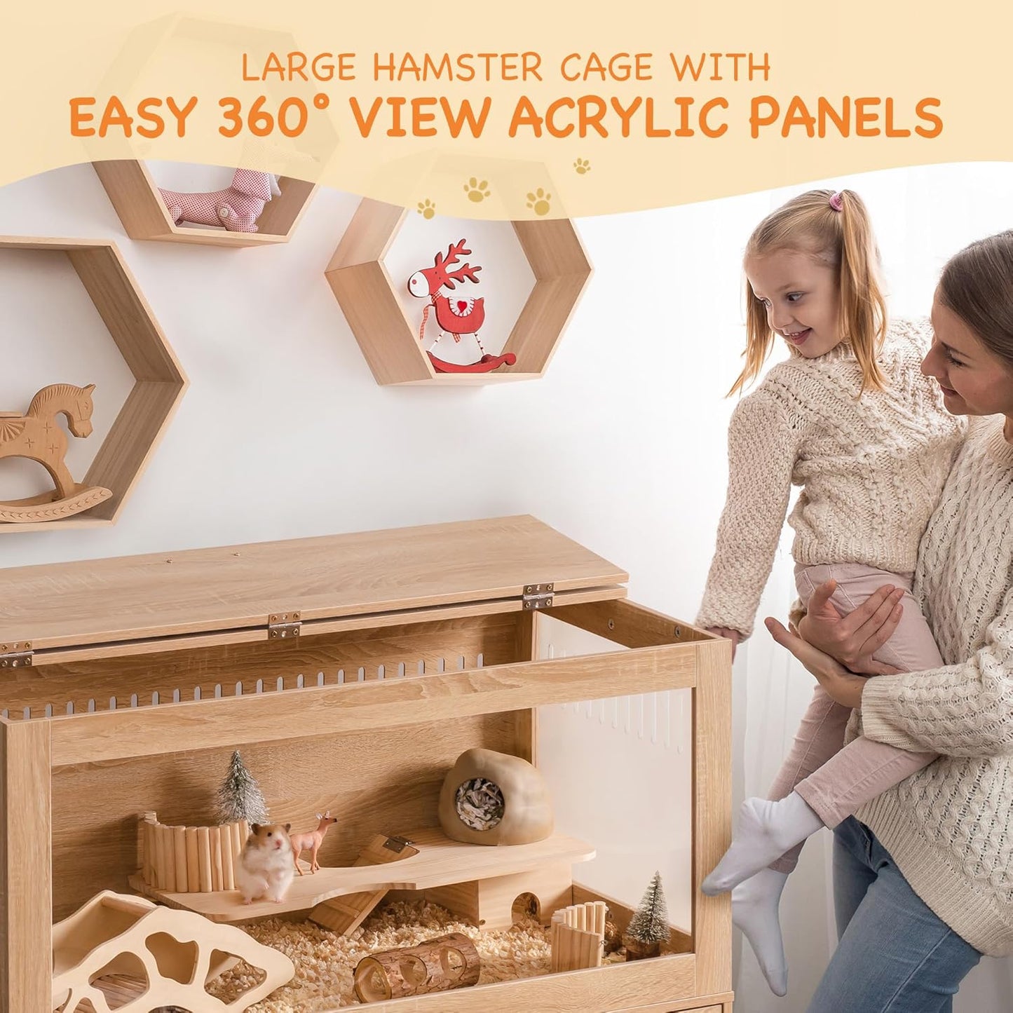 Mewoo Large Hamster Cage, Hamster Cage with Storage Cabinet, Large Habitats Hamster House with View Acrylic Panels and Drawer, Small Animal Cage for Guinea Pig, Rat, Hedgehog, Ferret