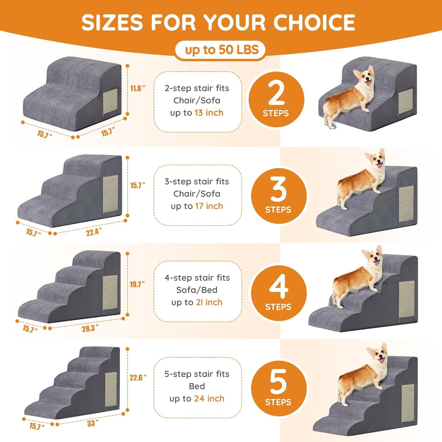 Dogs Steps for Bed, Dog Stairs for Small Dogs, 2-Step Dog Ramp for Bed, Couch, Sofa, and Chairs, Non-Slip Bottom Design, Cat Scratching, High Density Foam Portable Pet Step, Indoor, Grey