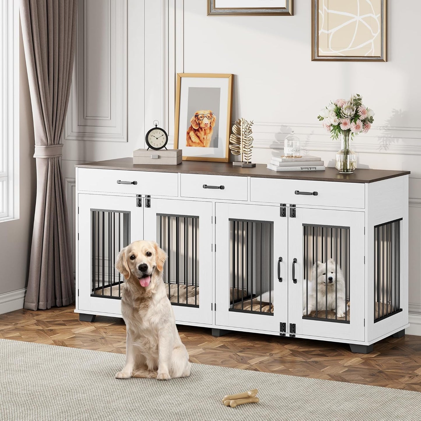 71'' Dog Crate Furniture, Wooden Indoor Dog Kennel for 2 Dogs with 3 Drawers and Removable Room Divider, XXL Double Dog Crate TV Stand End Table with Double Doors for Large Medium Dogs, White
