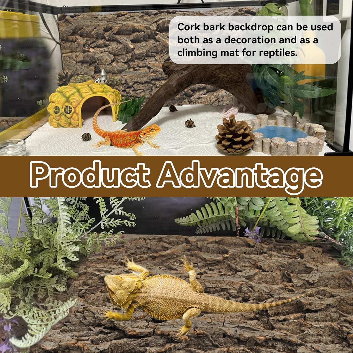 2PCS Natural Cork Terrarium Background,11.81 x 11.81 Inch Reptile Bark Background 3D Bearded Dragon Tank Climbing Mat Habitat Decoration for Lizard Gecko Chameleon Tortoise Snake Spider Frog